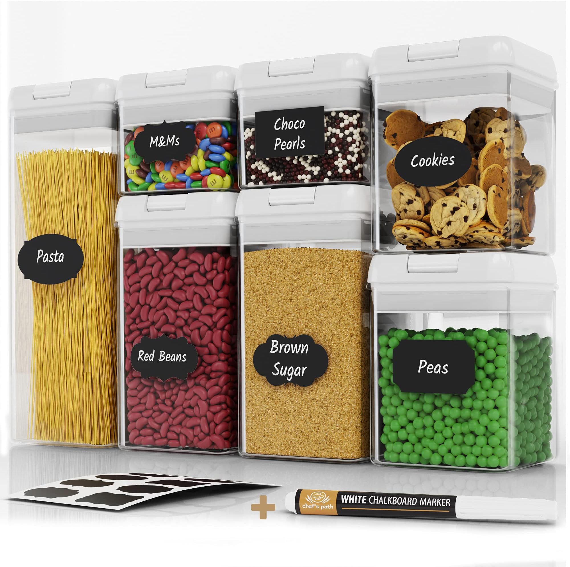 Chef's PathAirtight Food Containers with Easy Lock Lids - 7 PC BPA Free Plastic Containers for Kitchen Pantry Organization and Storage, Ideal for Cereal, Sugar & Dry Food - Accessories Included