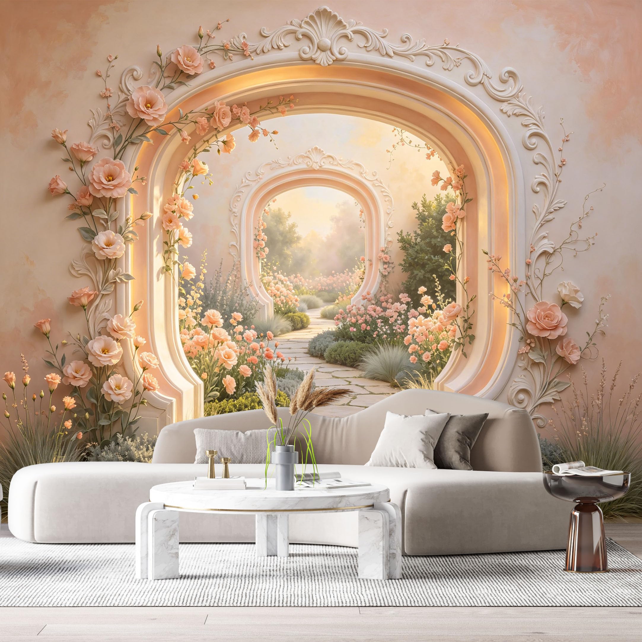 Custom Size Wall Murals Neoclassical Archway Flower Path 3D Trompe L'Oeil SelfAdhesiveWall Fabric Removable Wallpaper Wall Decor for Living Room Bedroom Bathroom