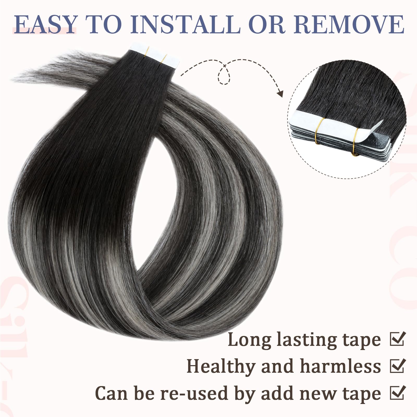 Silk-co Real Remy Tape in Straight Human Hair Extensions Balayage Seamless Tape on Hair Extension Straight Human Hair 12 Inch (10PC-20g)#1BT1BPGREY Natural Black Ombre Natural Black & Grey - Image 3