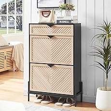 GarveeHome Shoe Storage Cabinet with 3 Flip Drawers, Farmhouse Fluted Shoe Organizer with Metal Legs, Freestanding Hidden Slim Narrow Shoe Rack for Entryway, Foyer, Hallway, White+Oak