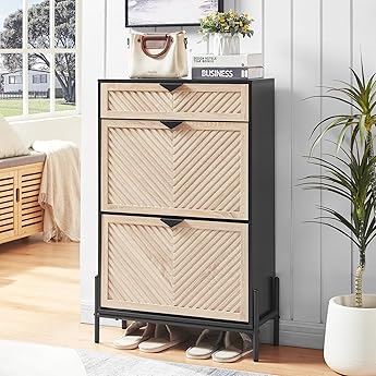 GarveeHome Shoe Storage Cabinet with 3 Flip Drawers, Farmhouse Fluted Shoe Organizer with Metal Legs, Freestanding Hidden Slim Narrow Shoe Rack for Entryway, Foyer, Hallway, White+Oak