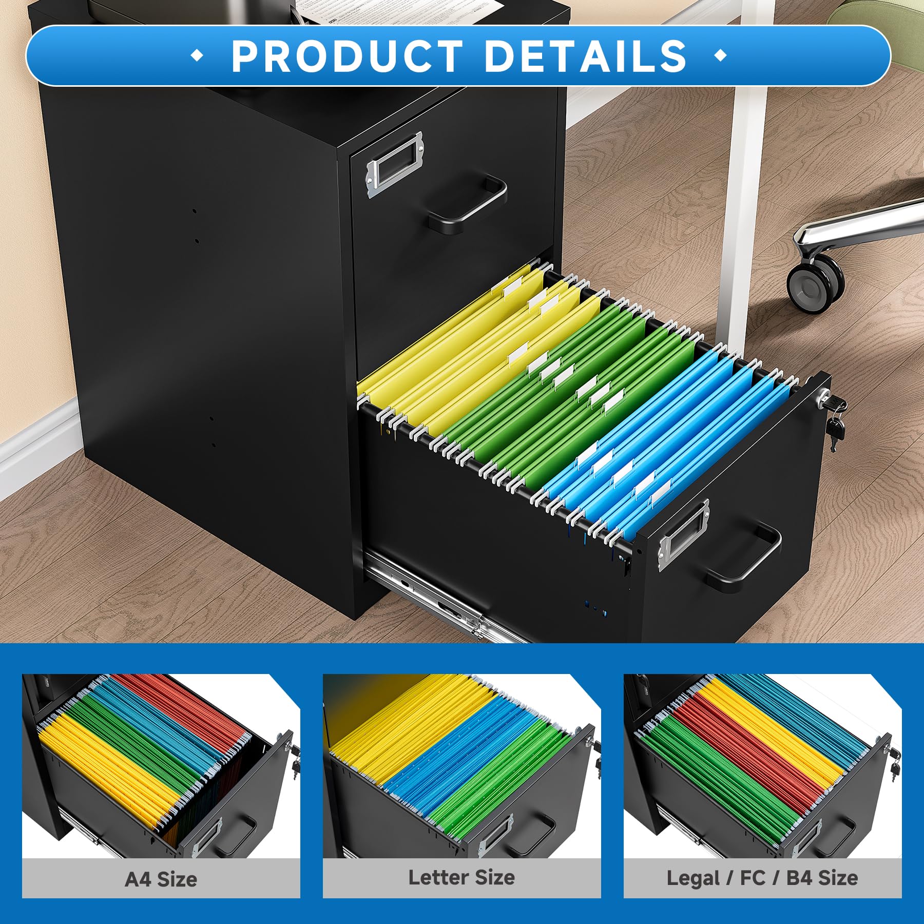 2 Drawer File Cabinet with Lock Vertical Filing Storage Cabinet Office Home Steel Vertical File Cabinets for Letter Size File Cabinet Locked,Assembly Required