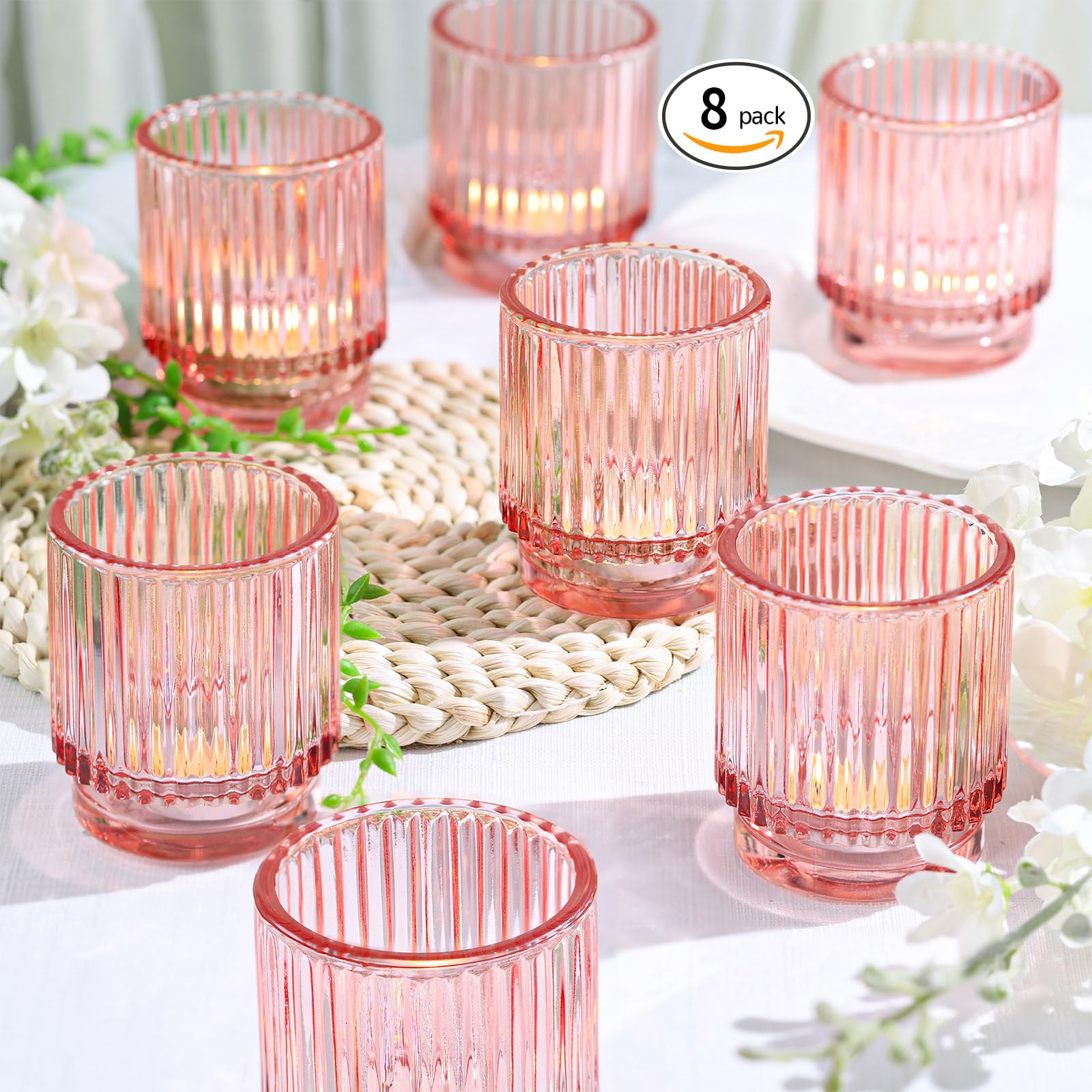 8pcs Large Pink Glass Tea Light Candle Holders for Wedding, Wedding Shower, Bridal Shower, Mothers Day Party Decor, Table Centerpiece