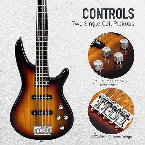 Miniatura 3 de Ktaxon Bajo eléctrico de 5 cuerdas, tamaño completo, estándar para diestros y diestros diapasón, kit de bajo con bolsa de concierto, correa, llave