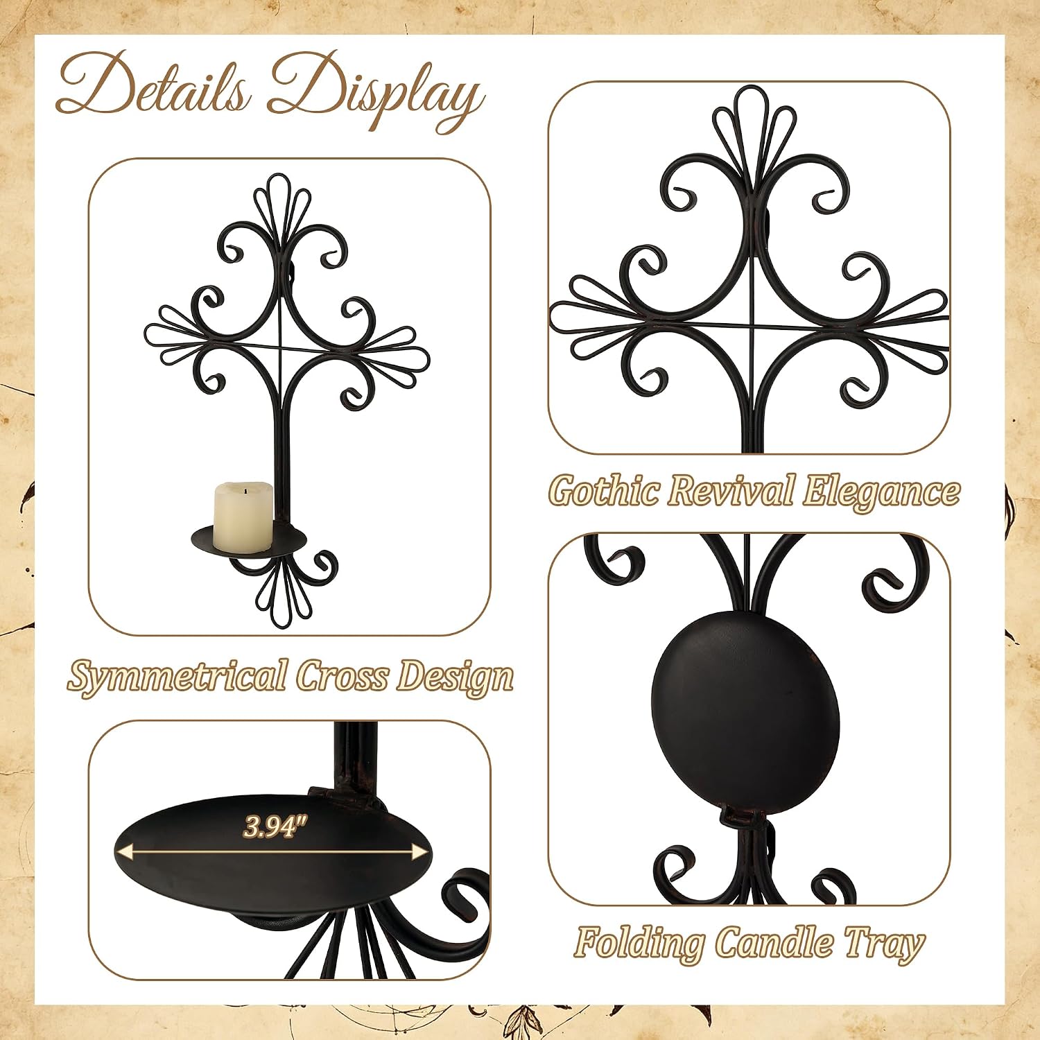 SOFFEE DESIGN 2PCS Black Gothic Cross Wall Sconces, Foldable Candle Tray for 4” Pillar Candles, Ornate Metal Crucifix Decor for Halloween Altar