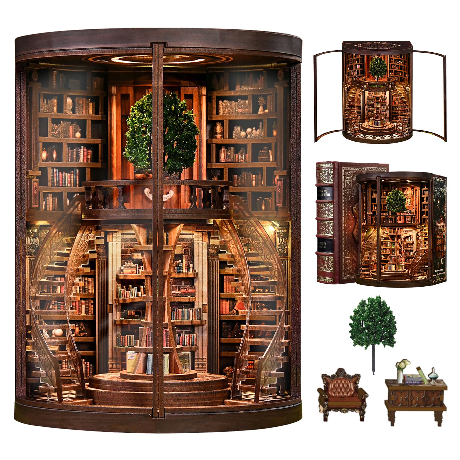 Photo 1 of ***FACTORY SEALED - OPENED FOR INSPECTION*** HoneyYeah Book Nook Kit Tree of Time Library with Dual LED Lights, 356 Pieces DIY Miniature Bookshelf Insert 3D Wooden Puzzle, No-Solder Snap-Fit Design for Adults Teens 14+, Gifts for Book Lovers