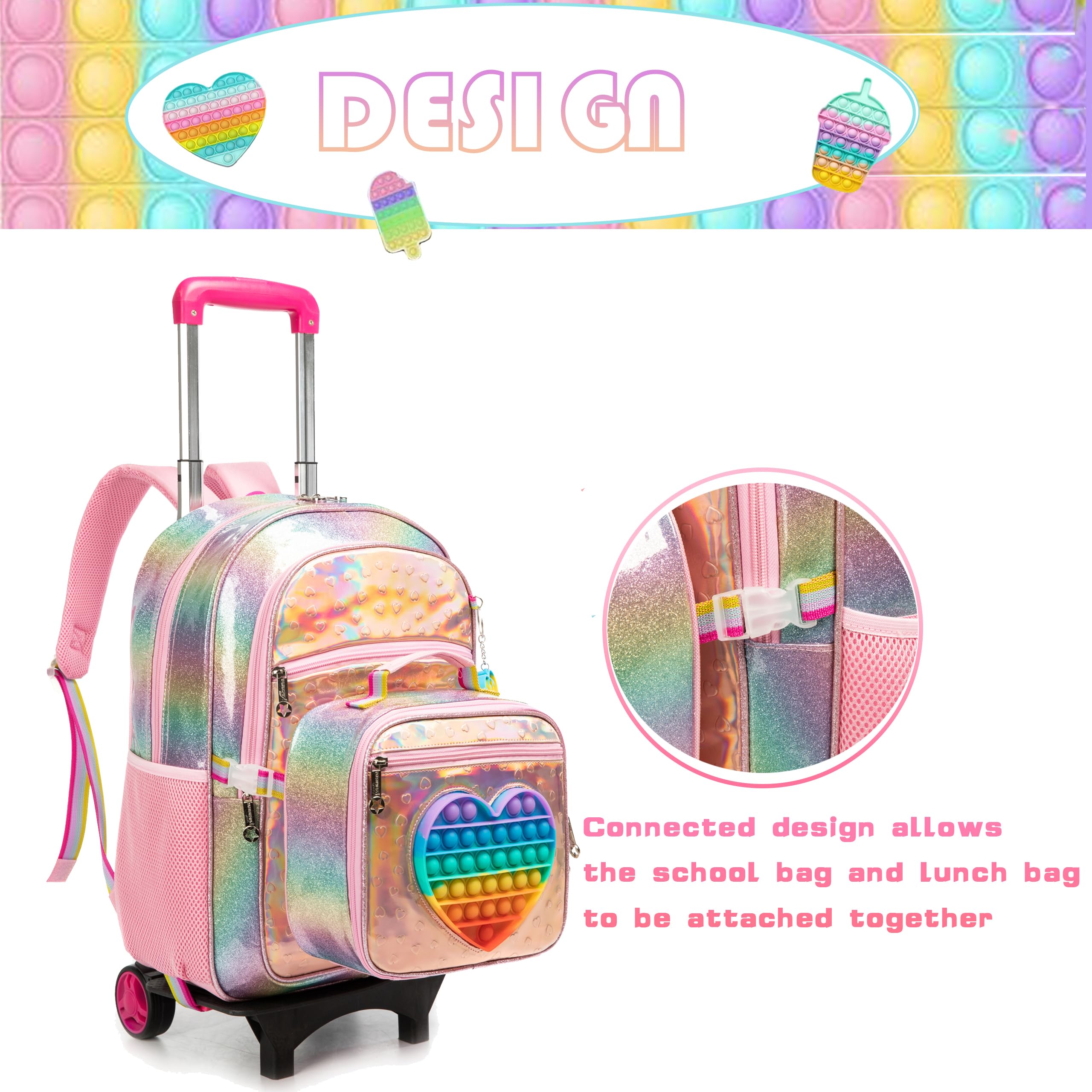 HTgroce Pop It Mochila Escolar con Ruedas Niña Fidget Toy Pop Its Mochilas con Carrito Escolares Bolso Popit Fidget Toy 3 in 1, Juguete Antiestrés y Ansiolítico Mochilas Escolares con Carro.