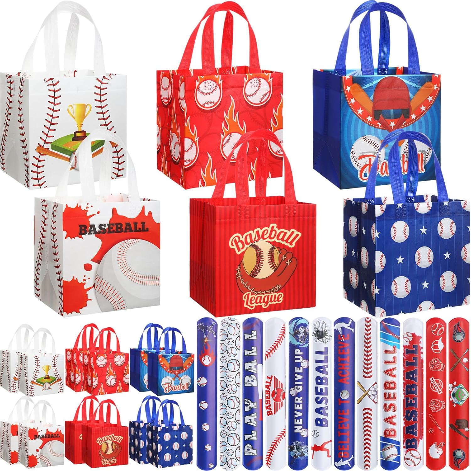 MiniInflat 24 Pcs Baseball Gift Bags Party Favor Bags Reusable Non Woven Tote Bag with Handles Baseball Waterproof Treat Bag for Party Favors Supplies, Extra with 24 Pcs Slap Bracelets