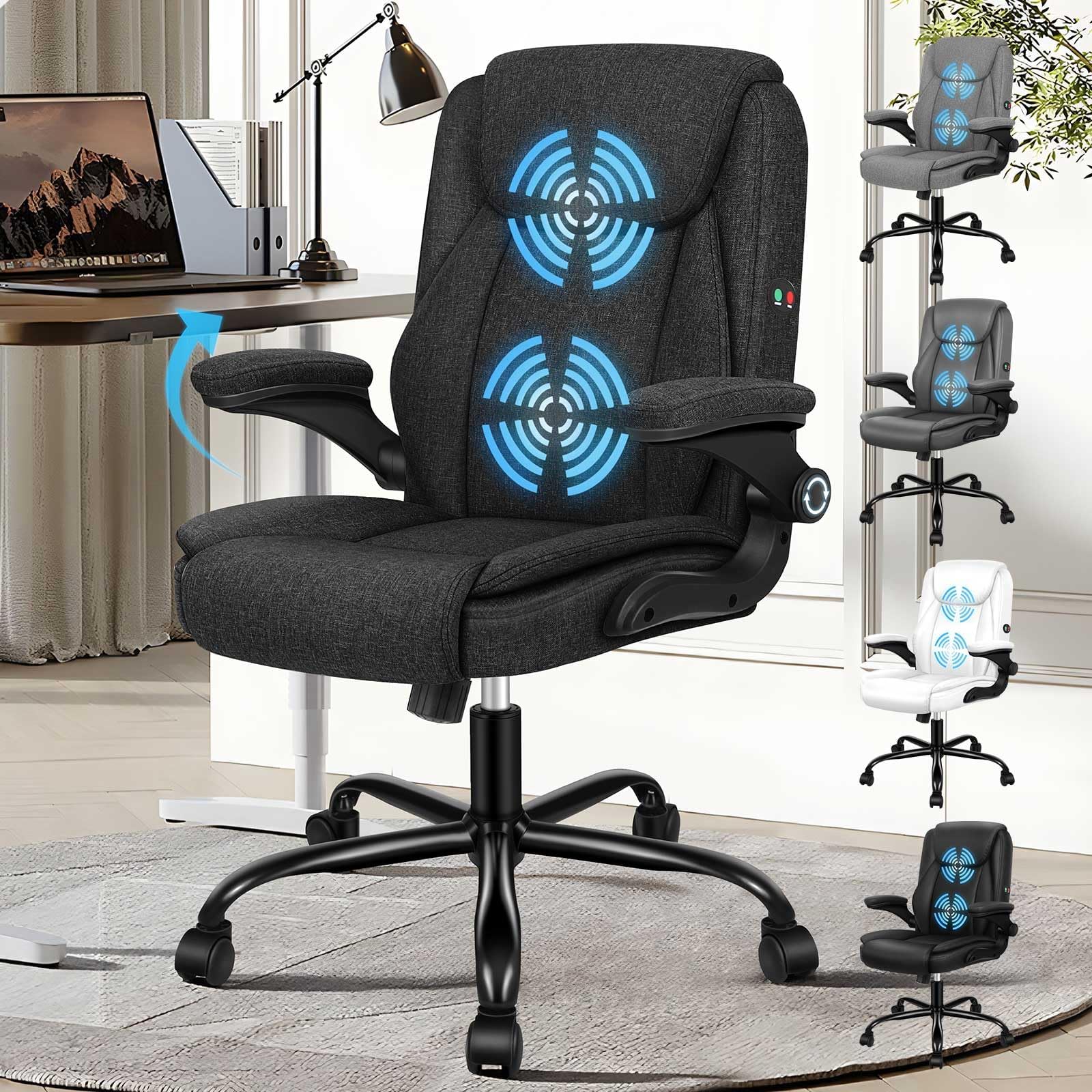 ELFORDSON Massage Office Chair, Mid-back Executive Comfy Office Chairs with 90° Flip-up Armrests, Adjustable Height, Swivel, Ergonomic Heavy-duty Gaming Chair, Fabric Linen, Black