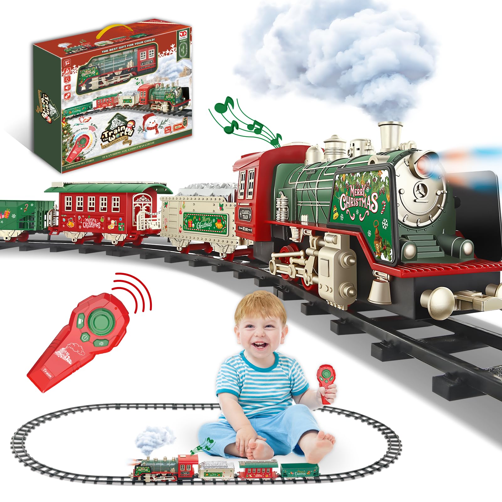 Train Set- Remote Control Train Toys w/4 Speed, Smokes, Lights & Sound(ON/Off), Train w/Rechargeable Battery &Locomotive Engine, 4 Cars & Tracks，ChristmasTrains Gifts for Kids, Boys & Girls
