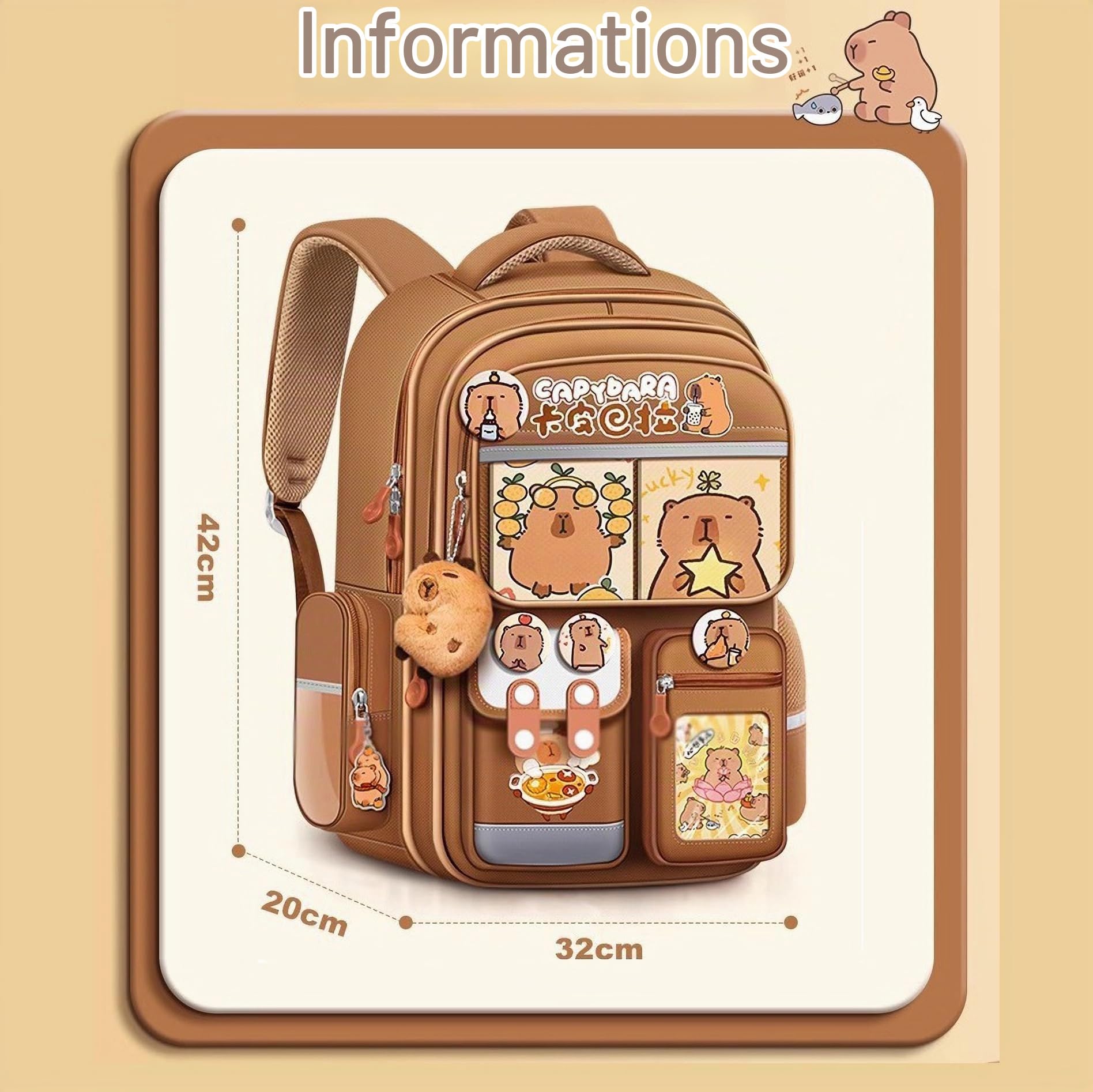 Capybara Sac à Dos pour L'école, Capybara Sac D'école avec Bandes Réfléchissantes, Cartable Kawaii pour Filles avec Kawaii Accessoires, Cartable Fille Primaire Capybara