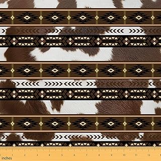 Feelyou Western Aztec Fabric by The Yard Soft Flannel Vintage Cowhide Print Upholstery Fabric for Sewing Crafting Wild West Cowboy Indoor Decor for Home DIY Projects Cow Fur Print 1 Yard