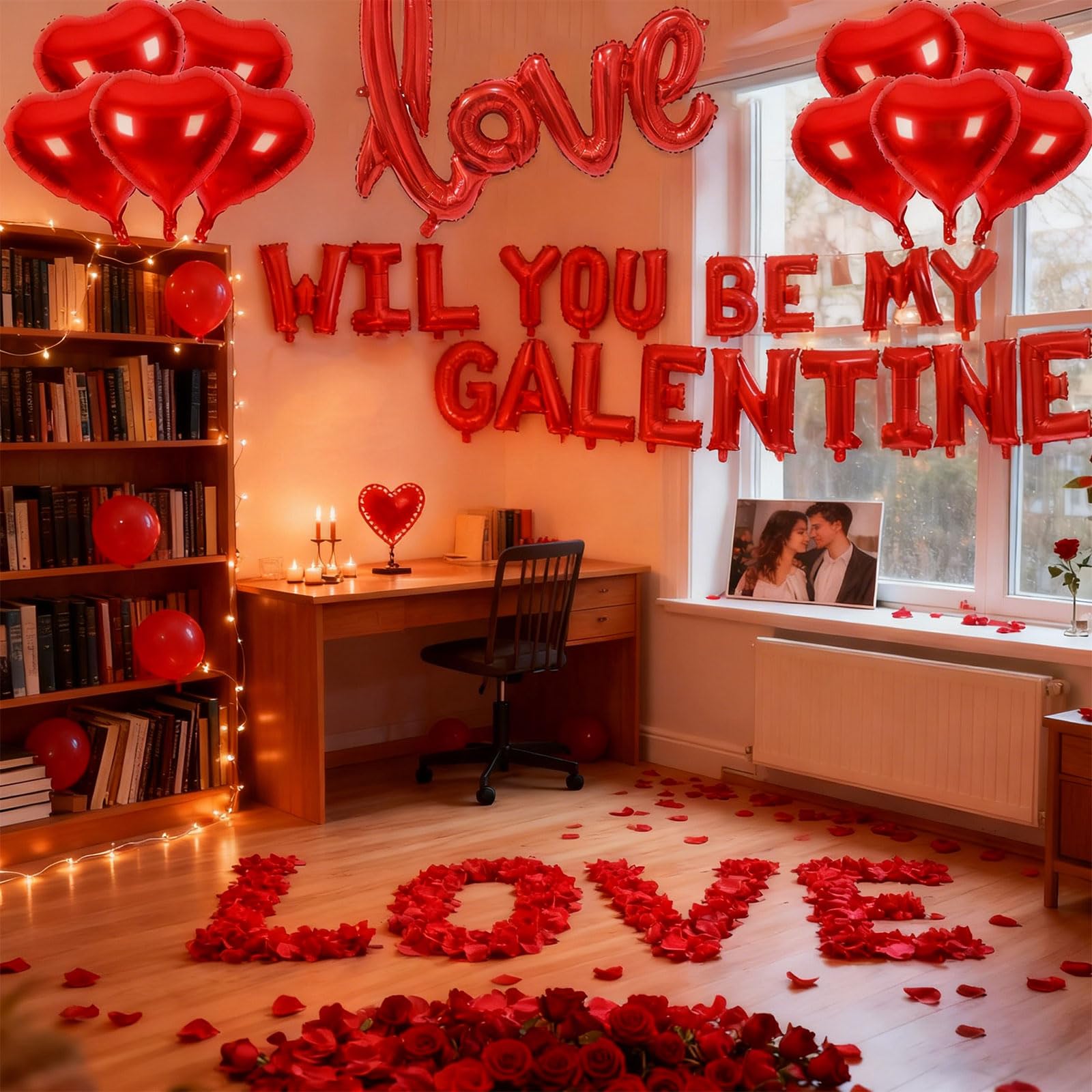 Czerwone balony 'WILL YOU BE MY GALENTINE' na dekoracje walentynkowe - czerwone sztuczne płatki róż 40 cm balon z literami 45 cm balony w kształcie serca szczęśliwy dzień galentyny romantyczny wystrój
