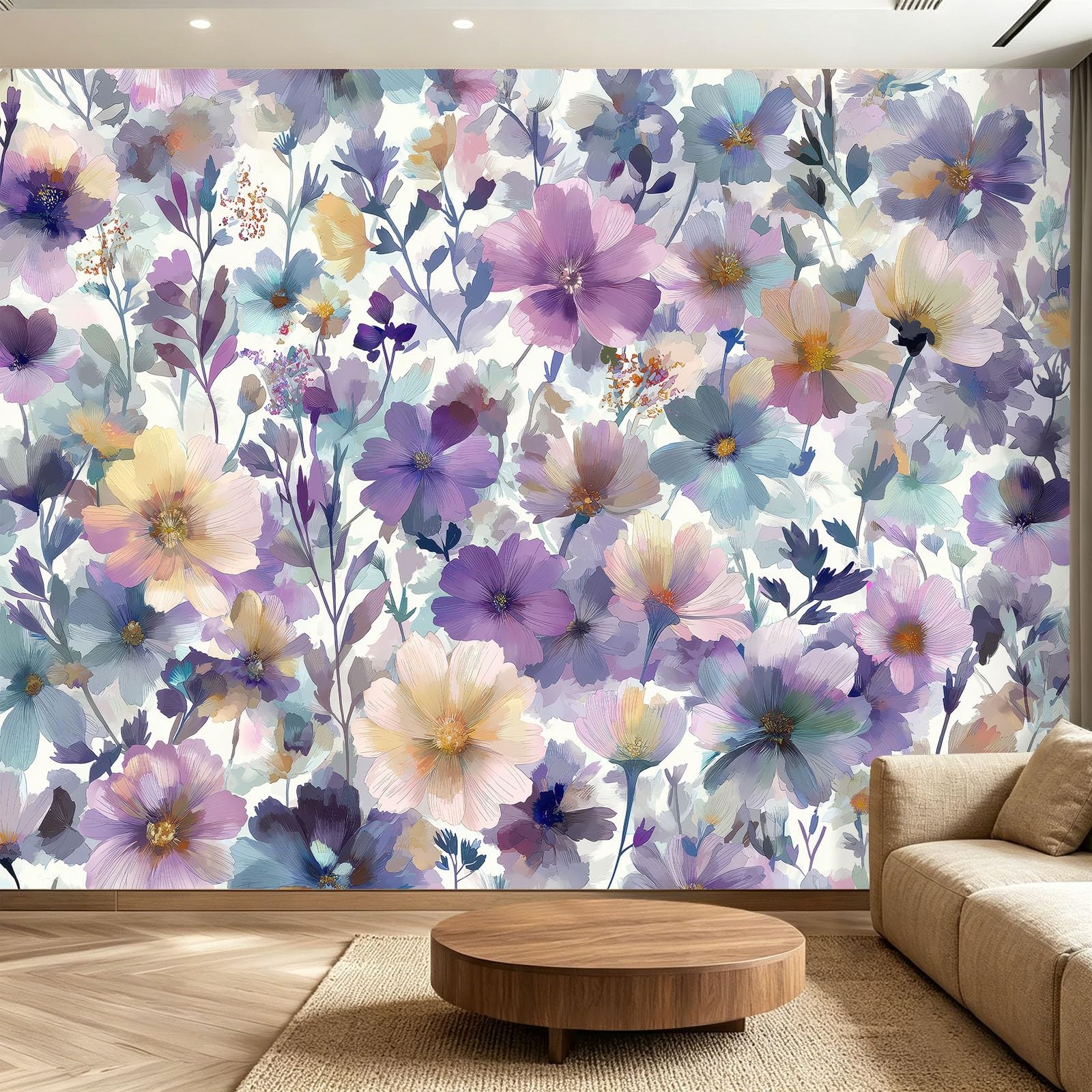 Papier peint décoratif facile à poser aquarelle florale violette