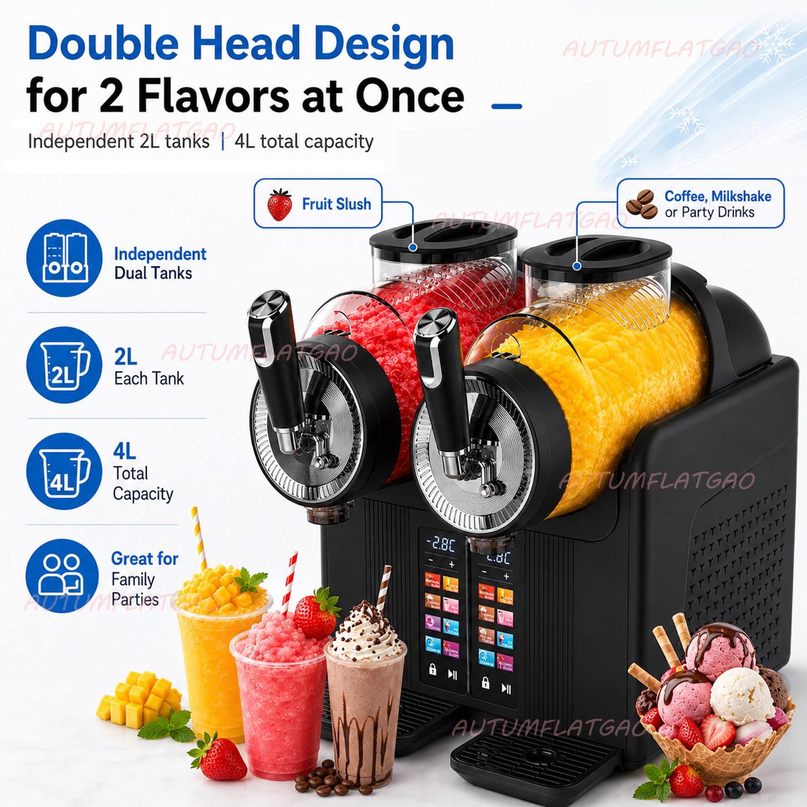 Macchina per Granita E Gelato Soft 2 in 1, Gelatiera con Doppio Serbatoio da 2 L, Macchina per Granite per Casa, 6 Programmi Preimpostati, per Feste E Piccolo Bar Black