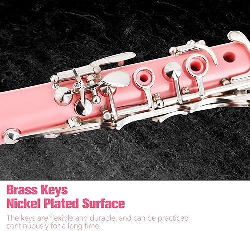 Vista 17 de Clarinete BB para principiantes, estudiantes, clarinete plano B, clarinete de 17 teclas con correa de soporte, 2 barriles, 8 boquillas, cojín