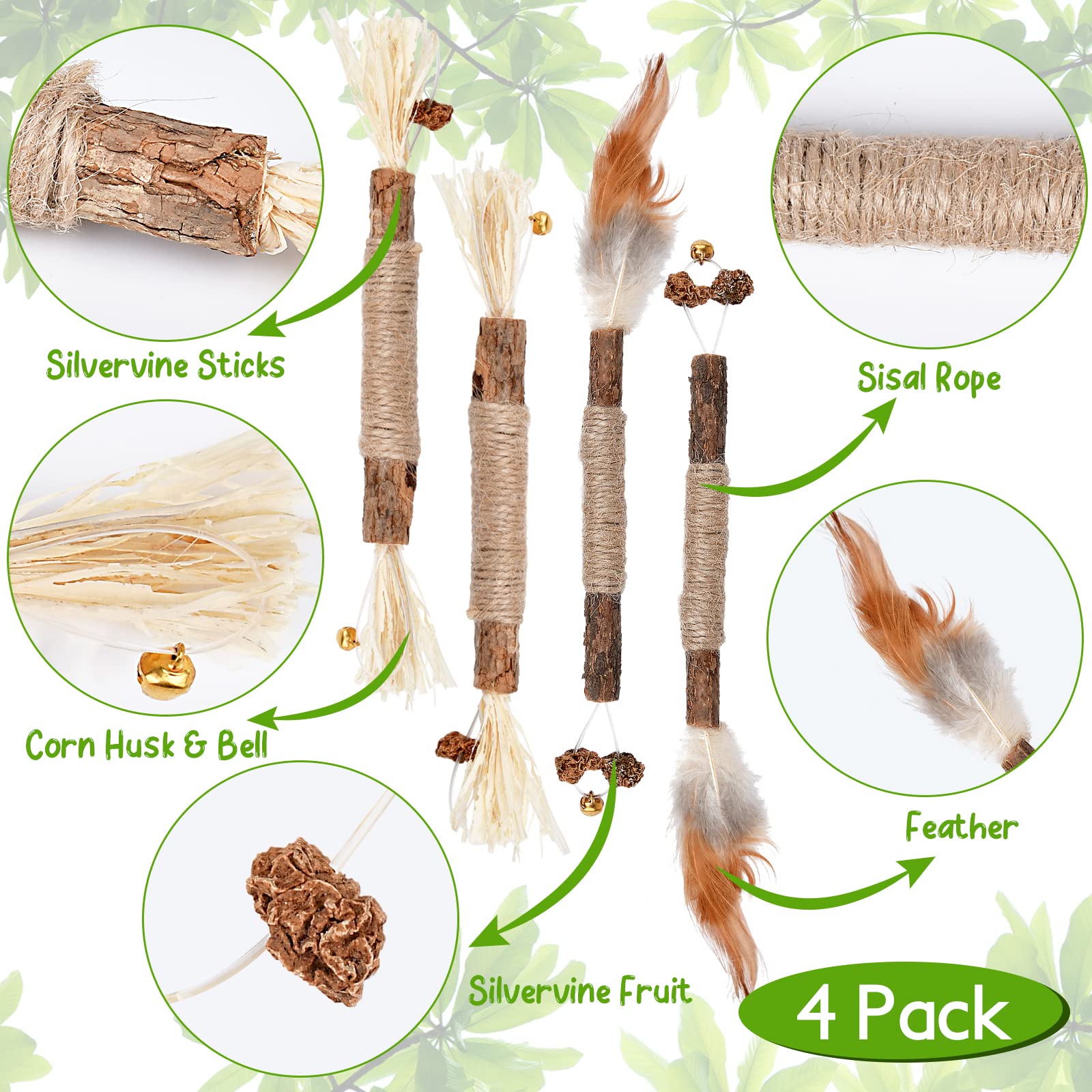 Paquete de 4 palitos de vid de plata natural, juguete de hierba gatera, juguetes masticables para gatos de interior, gatitos, limpieza molar de dientes, alivia interactivo Silvervine gato pezones