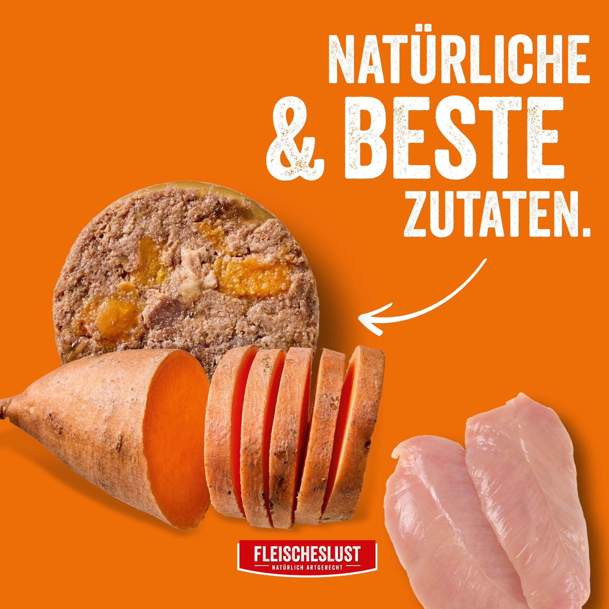 Fleischeslust Salchicha para perros, pavo magra con batata, caja de comida (6 x 800 g), sensible, comida húmeda, resistente a los cortes, sin cereales, pienso completo para perros adultos