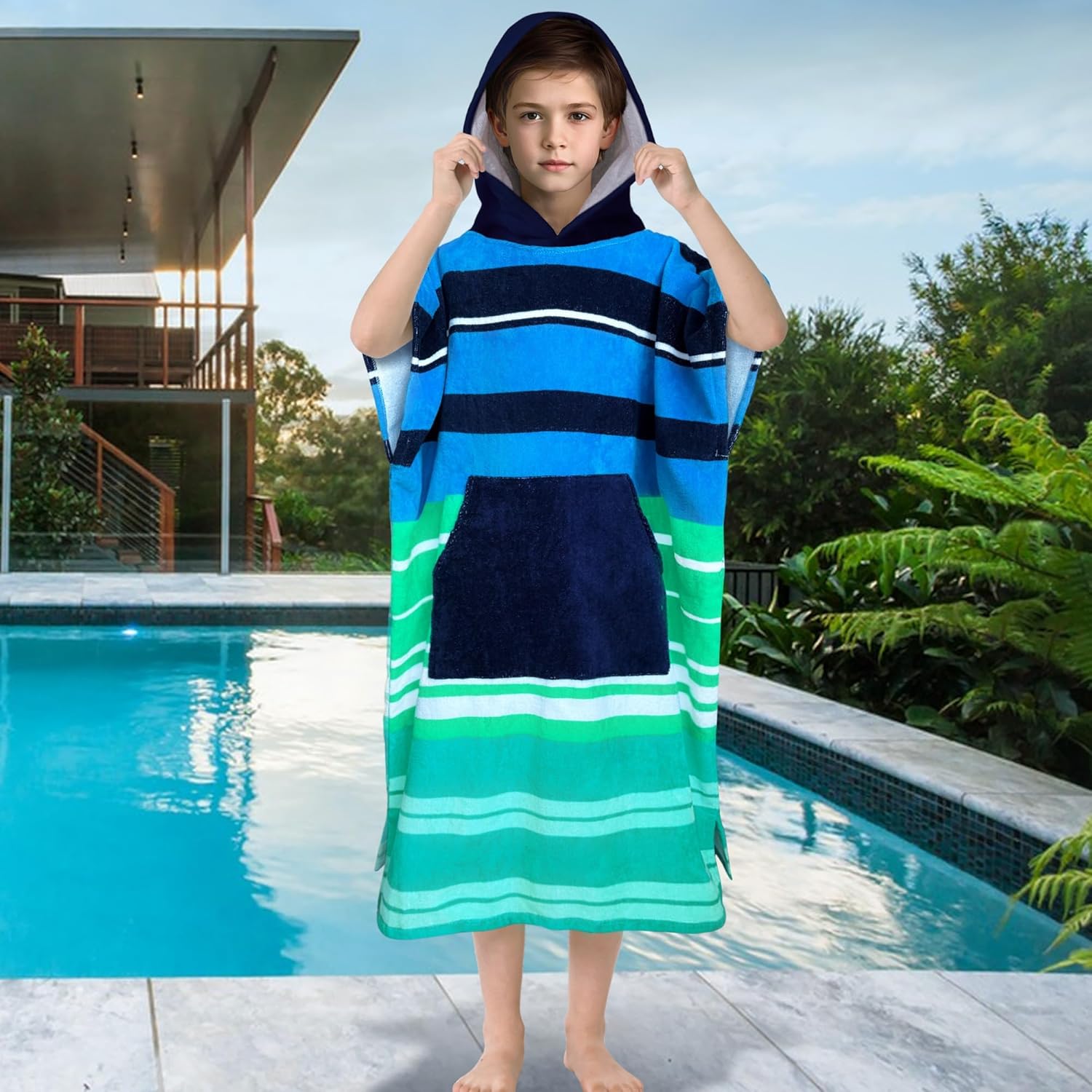 Surf Poncho Towel for Teens & Big Kids (8-14 Years,36"X26") | 100% Cotton Ultra-Absorbent Oversized Hooded Towel Robe with Pocket for Boys | Swim Cover-Up for Pool, Beach, Bath | Blue Striped Design - Image 6