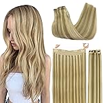 GOO GOO Wire Hair Extensions Human Hair, 16/22 Light Blondewith mix Golden Blonde Highlighted 12inch 100g, Invisible Wire Hair Extensions with Transparent, Seamless Fish Line Hairpiece