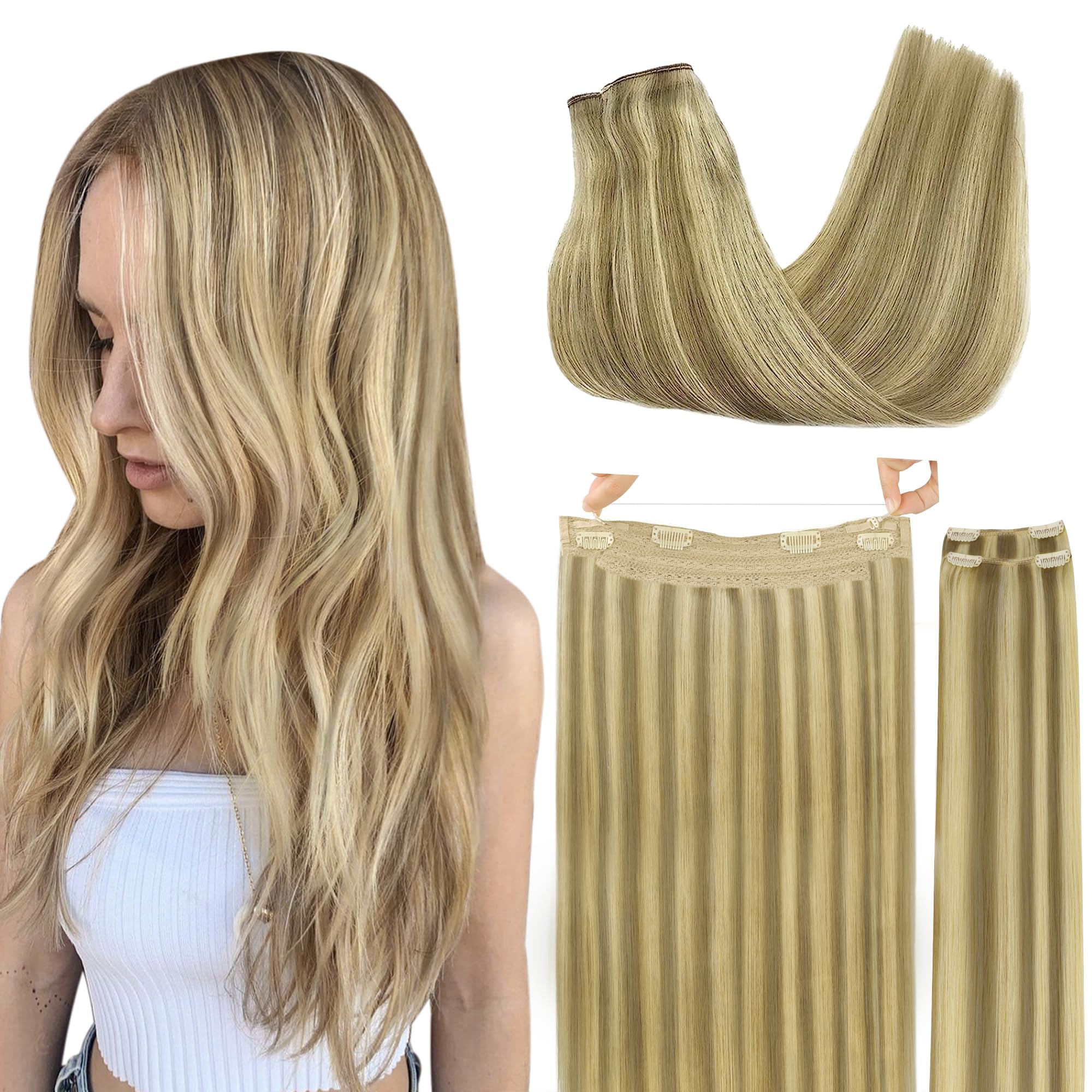 GOO GOO Wire Hair Extensions Human Hair, 2A Light Brown Natural 16inch 125g GOO GOO Tape in Hair Extensions Human Hair, 3/8/613 Walnut  main image 2