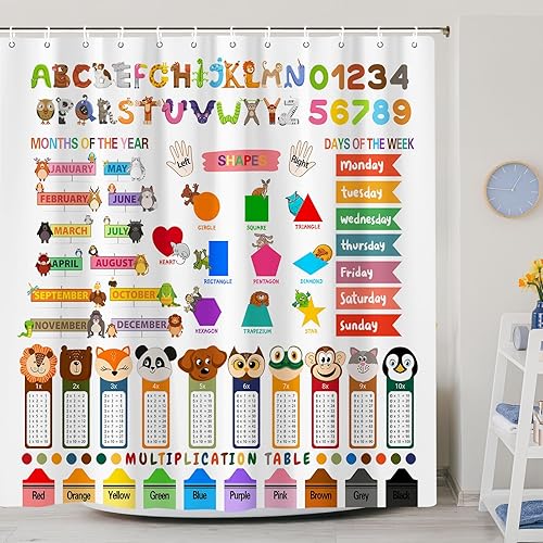 Cortina de ducha con letras del alfabeto para niños, estilo bohemio, abc, números para niños, formas de colores, tabla de multiplicar, para
