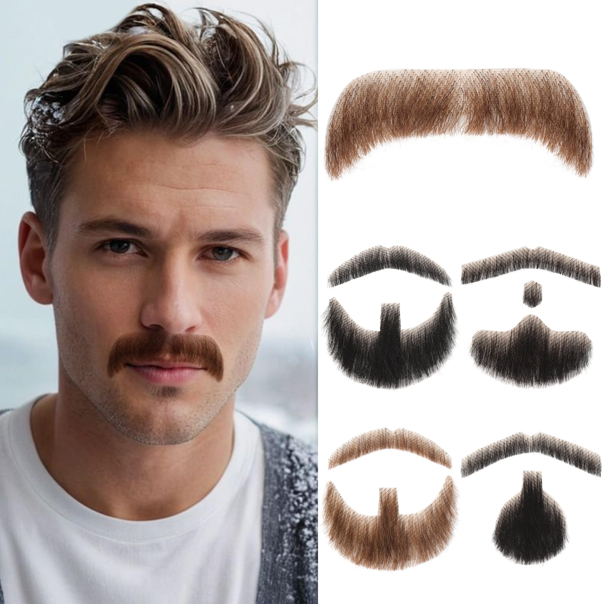 doremi Costume Beards for Adults Human Hair Fake Beard Brown Upper beard for Adults Men Realistic Makeup Lace Invisible False Beards