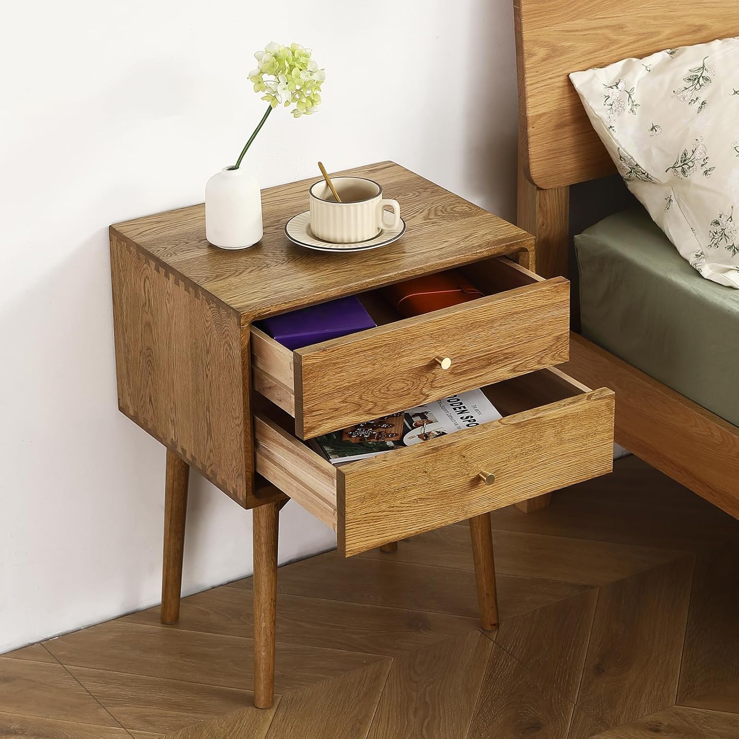 Solid Wood Bedside Table Nightstands, Mid-Century Natural Oak Modern End Table with Drawers Vintage Aesthetic Durable Real Wooden Cabinet Organizer for Bedroom, Light Walnut Color