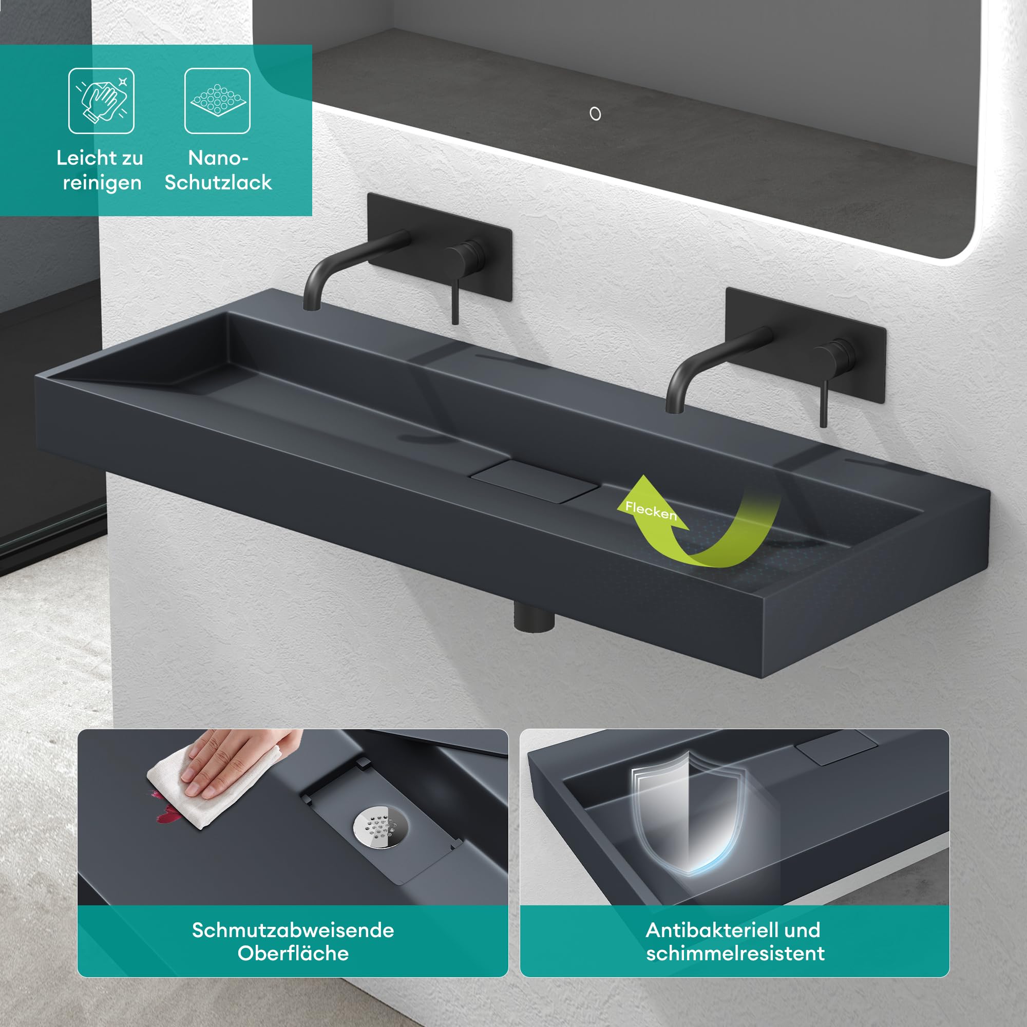 Mai & Mai Lavabo antracita mate de mármol fundido con válvula de desagüe 100x46x11cm lavabo rectangular sin orificio para grifo lavabo sobre encimera lavabo Colgante Col19