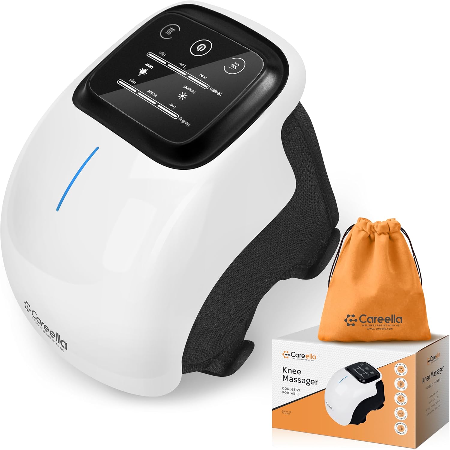 Careella Wireless Knee Massager XL with Heat, Comfort Vibration, Adjustable Straps, Cordless Design & Gentle Light – Heating Pad for Stiff Joints, Muscles and Knees – Portable with Storage Bag