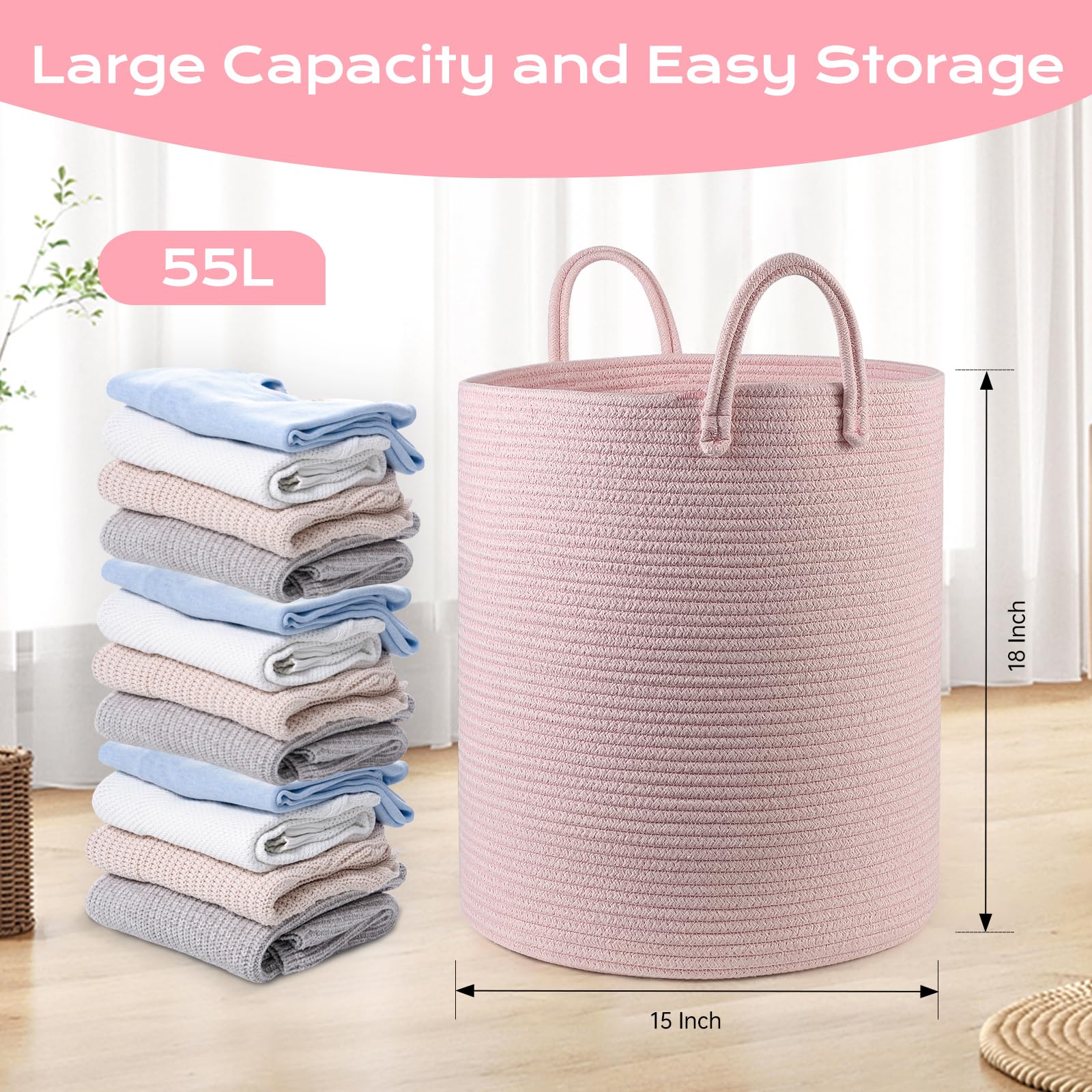 HOBASKET Cotton Rope Laundry Basket Hamper for Girls Kids Baby Nursery Hamper Bin Woven Blanket Basket for Living Room cute baby laundry basket Storage Basket for Nursery Toy Storage Bin&Box(Pink)