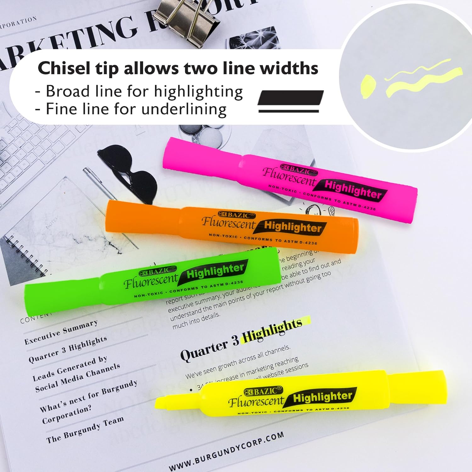 BAZIC PRODUCTS Assorted Fluorescent Ink Highlighter – Chisel Tip Broad Fine Line, Desk Style Highlighter Pen for Office and School, Unscented, Smooth Marking, 4/Pack, 24-Packs