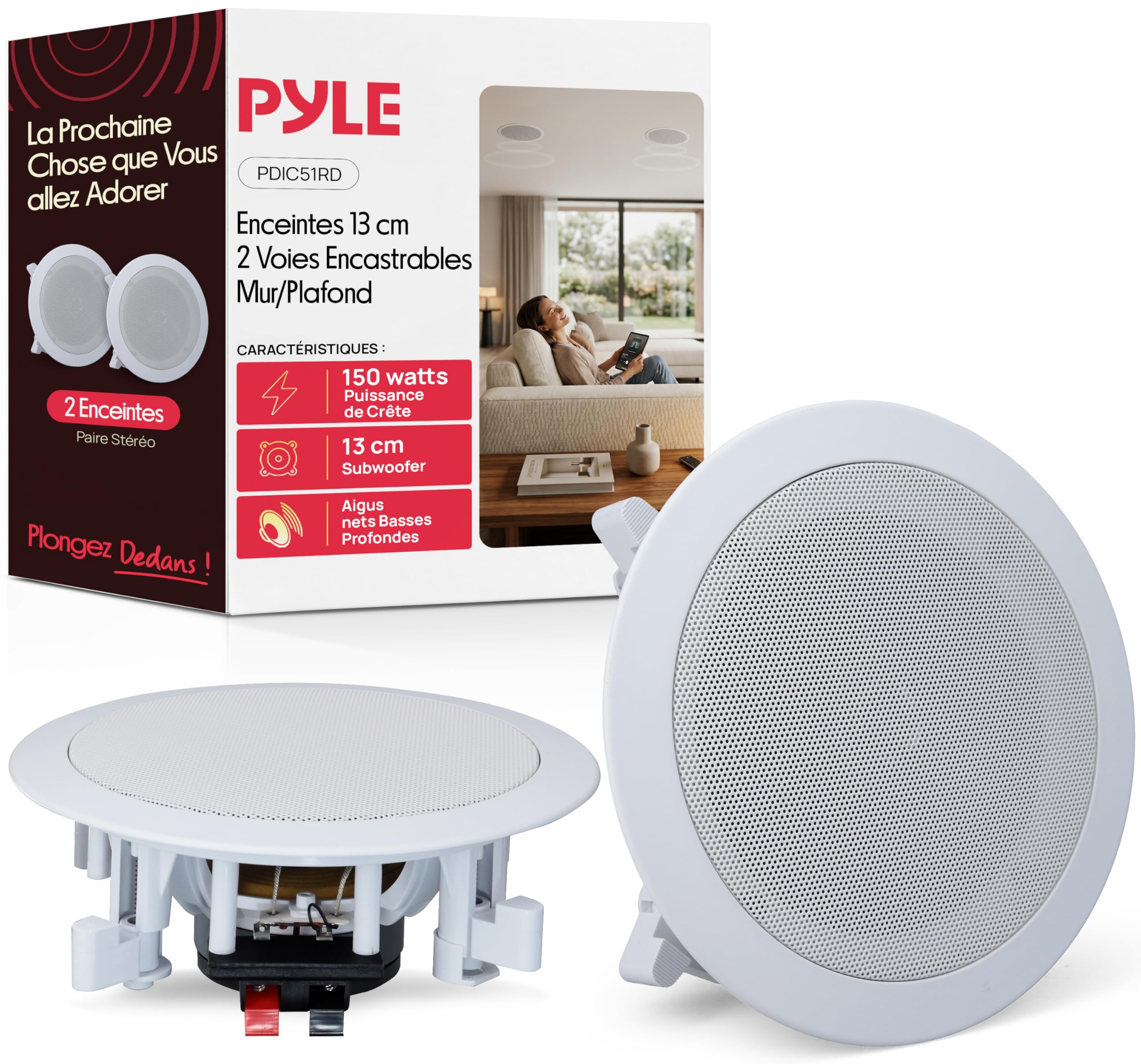 Pyle Home Enceinte Murale/Plafond de 13,3 cm - Paire d'Enceintes Médium-Grave à 2 Voies avec Woofer et Tweeter à Dôme en Polymère de 2,54 cm- Design Encastré - Haut Parleur Encastrable Plafond