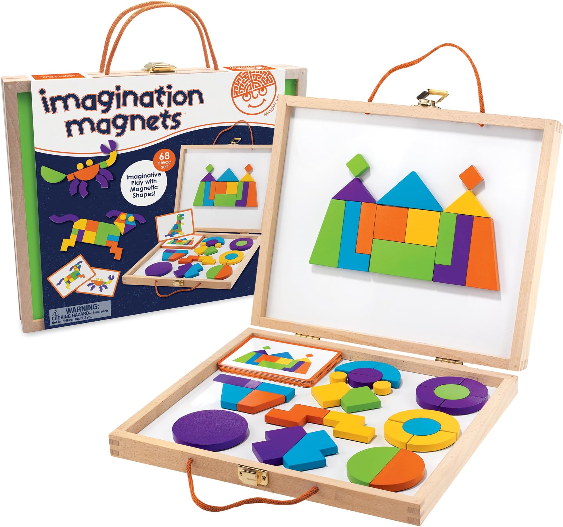 MindWareImagination Magnets Wooden Pattern Blocks Set - Imaginative Play with magentic Shapes in a Carrying case - 42 Magnetic Solid Wooden Blocks, 50 Full-Color Laminated Puzzles