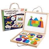 Imagination Magnets Wooden Pattern Blocks Set - Imaginative Play with magentic Shapes in a Carrying case - 42 Magnetic Solid Wooden Blocks, 50 Full-Color Laminated Puzzles