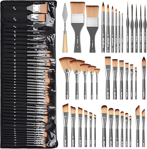 Nicpro Juego de 40 pinceles de pintura, pinceles de pintura acrílica profesional con cuchillo de paleta y rollo de lienzo, adecuados para pintura