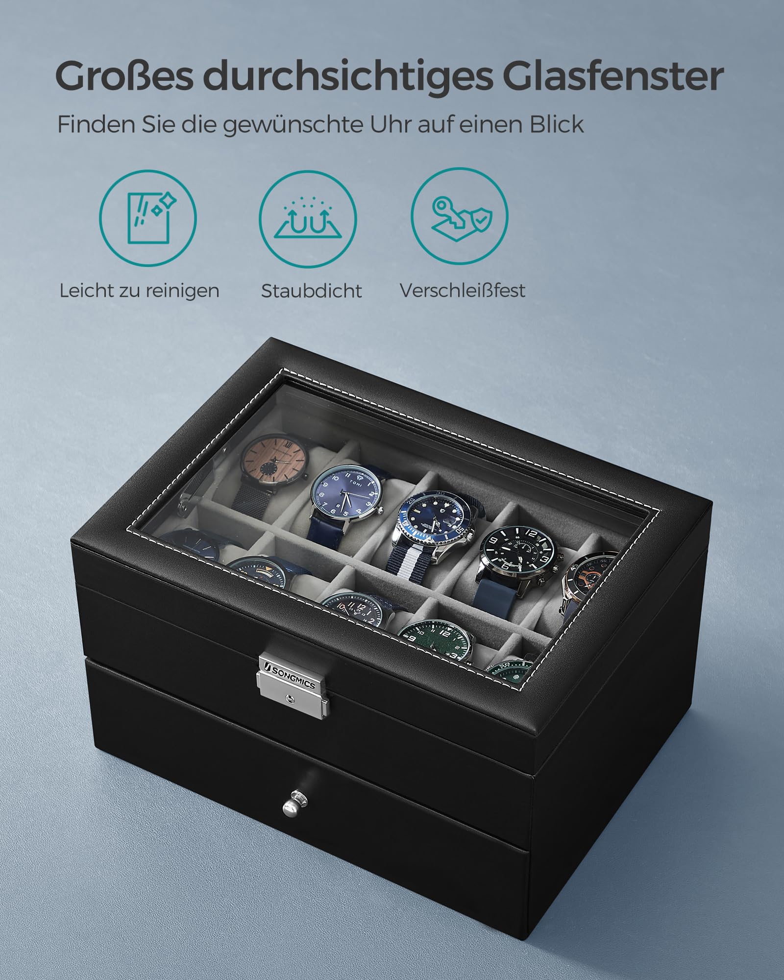 SONGMICS Uhrenbox, Uhrenkasten mit Glasdeckel, 2 Ebenen, Uhrenkoffer mit herausnehmbaren Uhrenkissen, Uhrenschatulle, Geschenkidee, PU-Bezug in Schwarz, Samtfutter in Grau JWB020