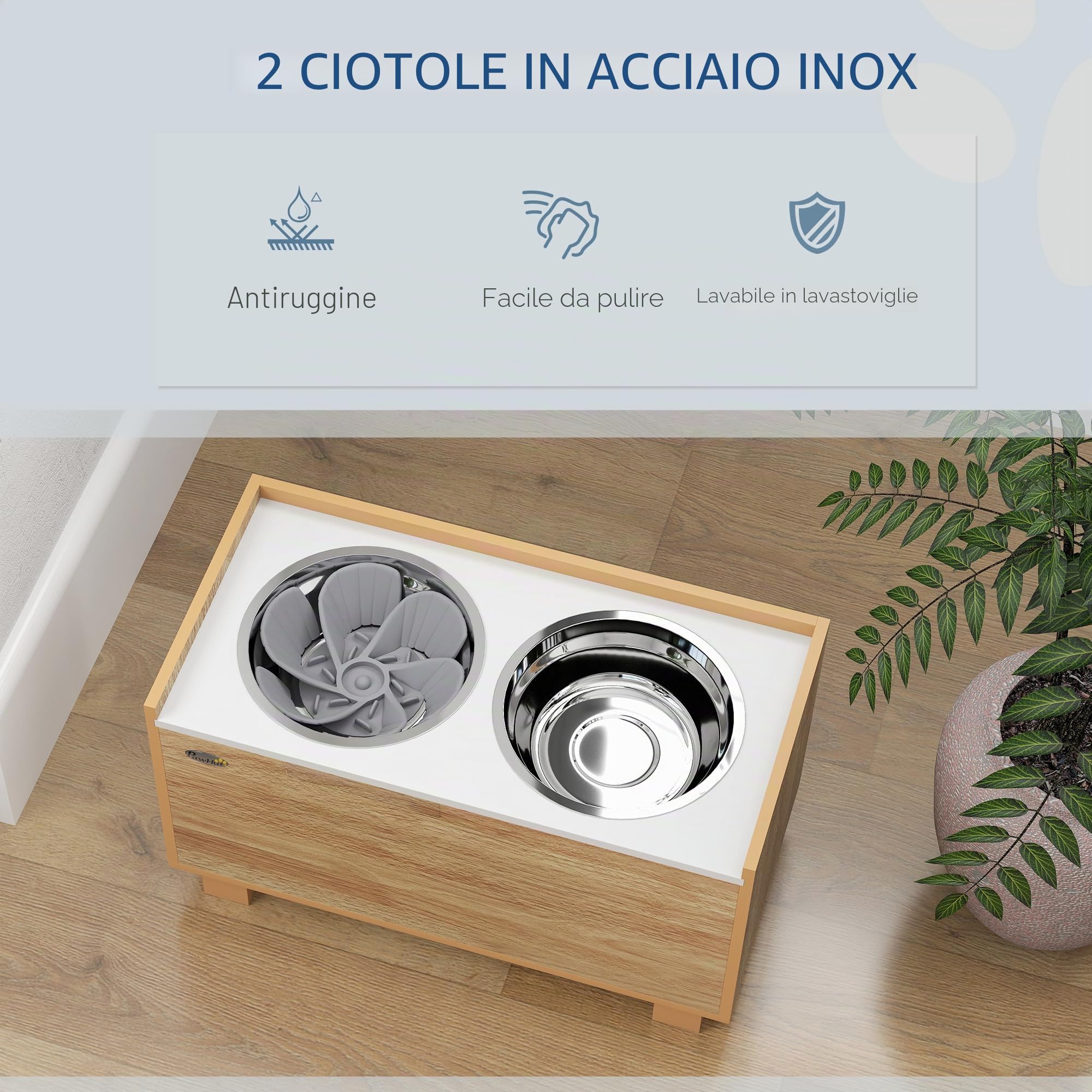PawHut 14"H Ciotole rialzate per cani Supporto per animali grandi Quercia | Stazione alimentazione animali, ciotola anti-ingozzamento rimovibile, 2 ciotole inox per cibo e acqua, contenitore