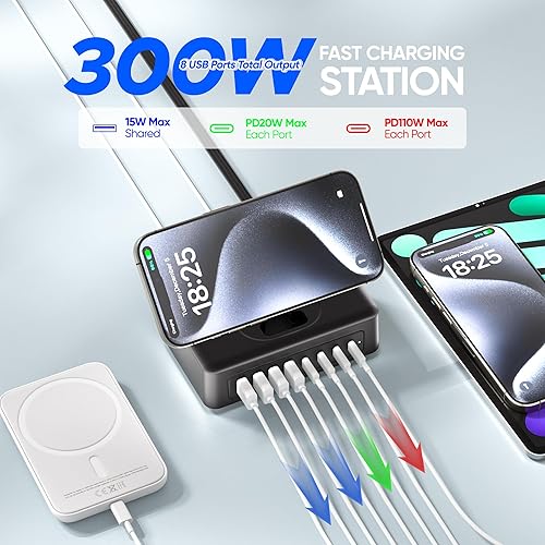 Miniatura 3 de Estación de carga 11 en 1, tira de alimentación USB-C, bloque de cargador USB C de 300 W, 2 salidas AC, 8 puertos USB (4USB-C), protector de