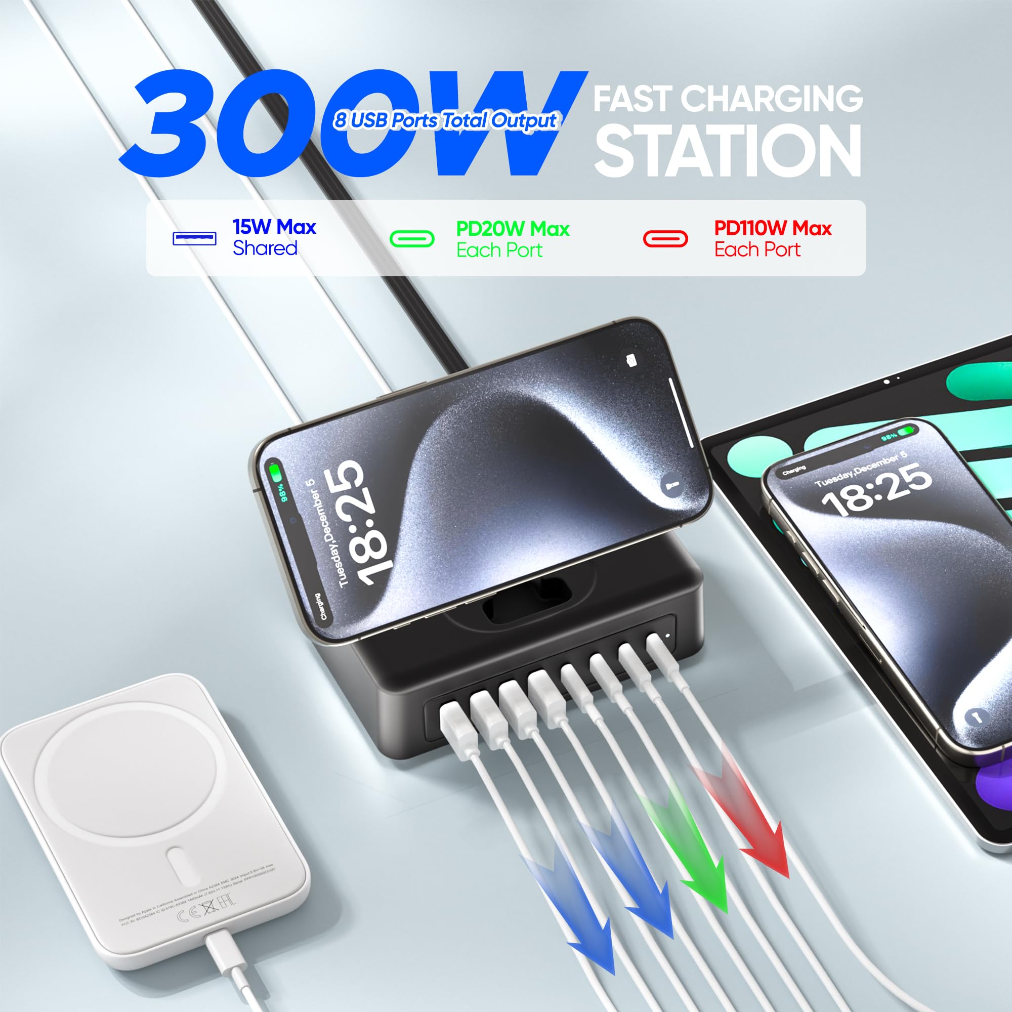 300W USB Ladestation, 11-in-1 USB C Steckdosenleiste Überspannungsschutz, 2AC-Steckdosen & 8USB-Anschlüsse, 1,5 m Flachstecker-Verlängerungskabel mit mehreren Geräten, Desktop-Ladegerät für Home