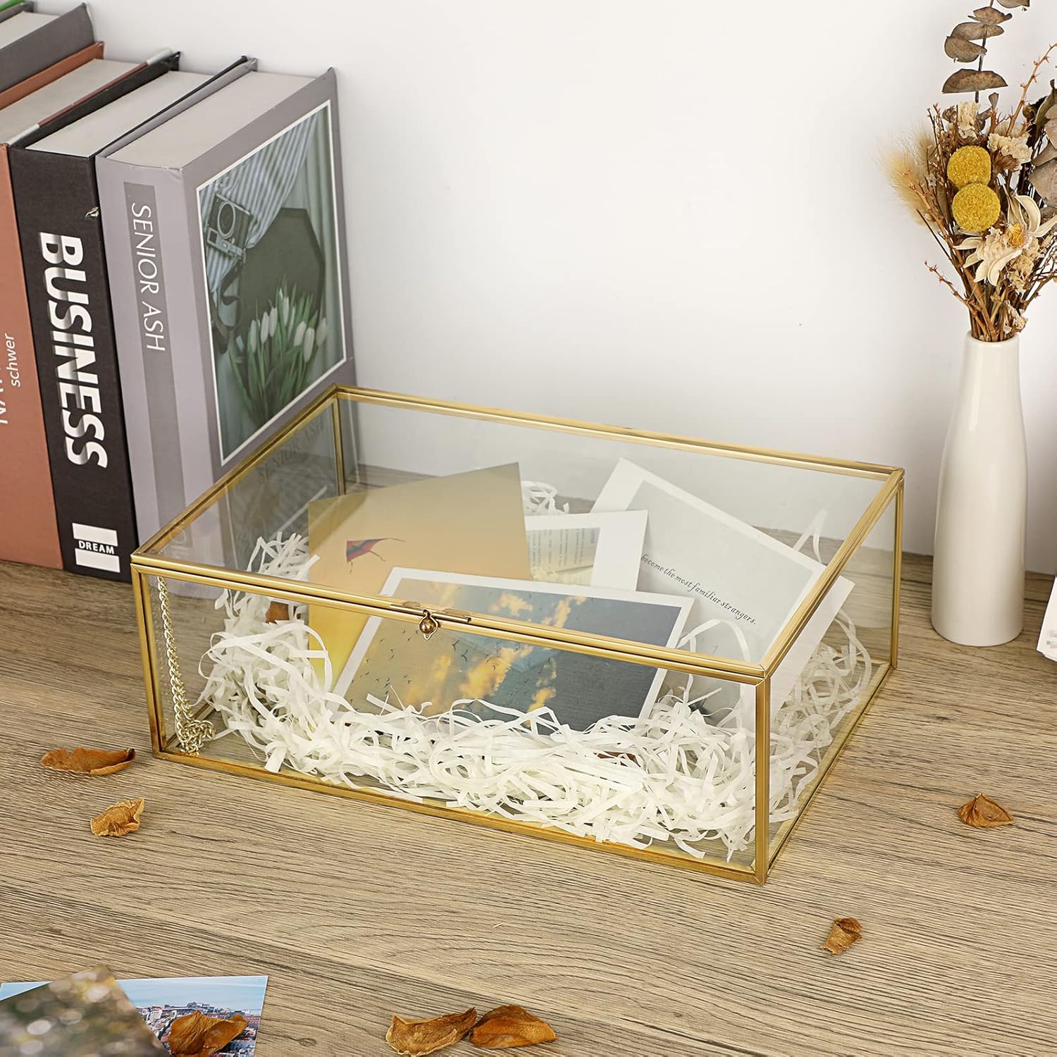 Hipiwe Vintage Glass Keepsake Box - Rectangle Jewelry Display Organizer, Vanity Lidded Home Decor Accent for Storage Trinket Rings Bracelet Rock - X-Large