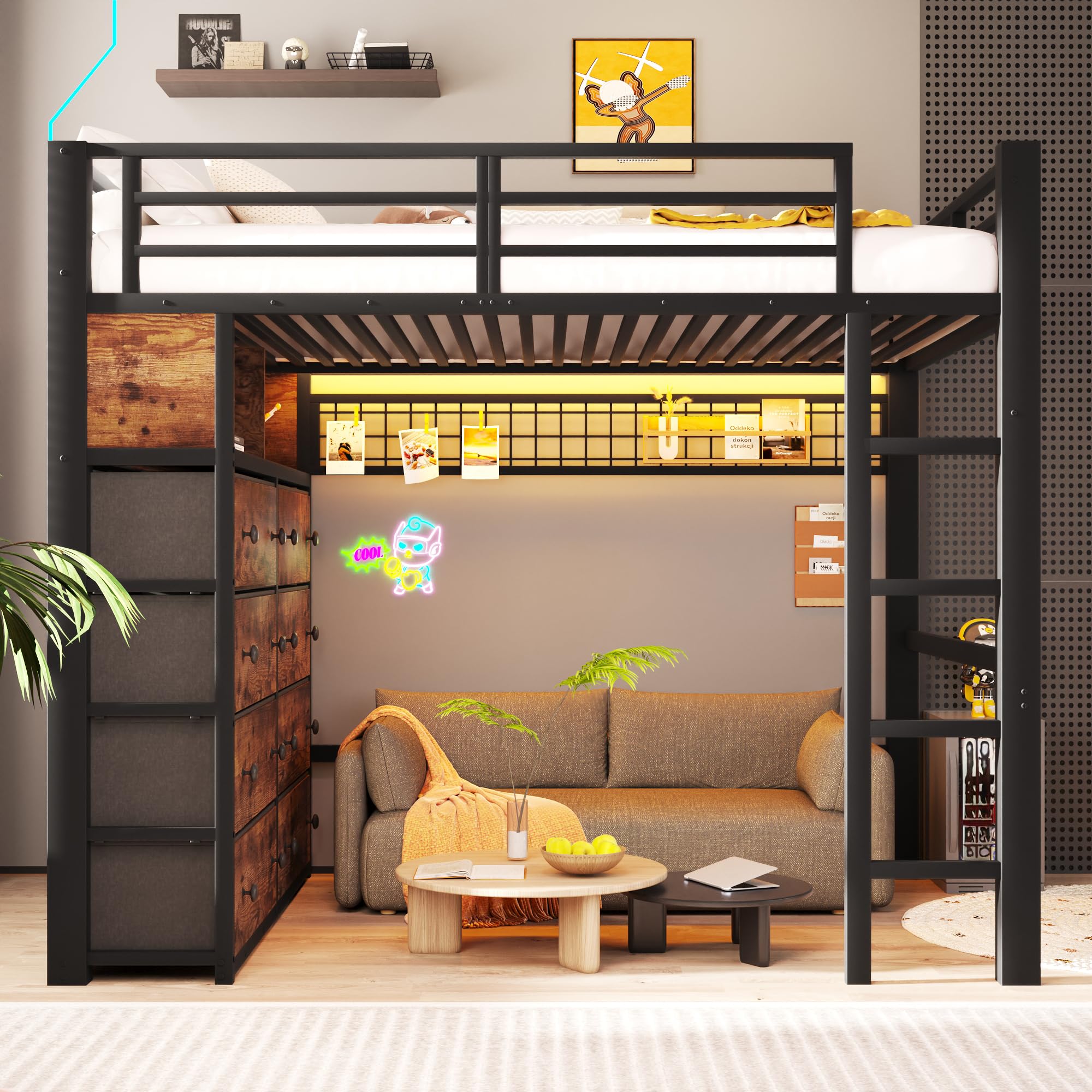 Cama Alta 140x200 con Somier de Lamas Cama con Cajones Marco de Metal Double Bed con 8 Cajones con Protección Anticaídas Perimetral con Baldas Abiertas para Vivienda Negro