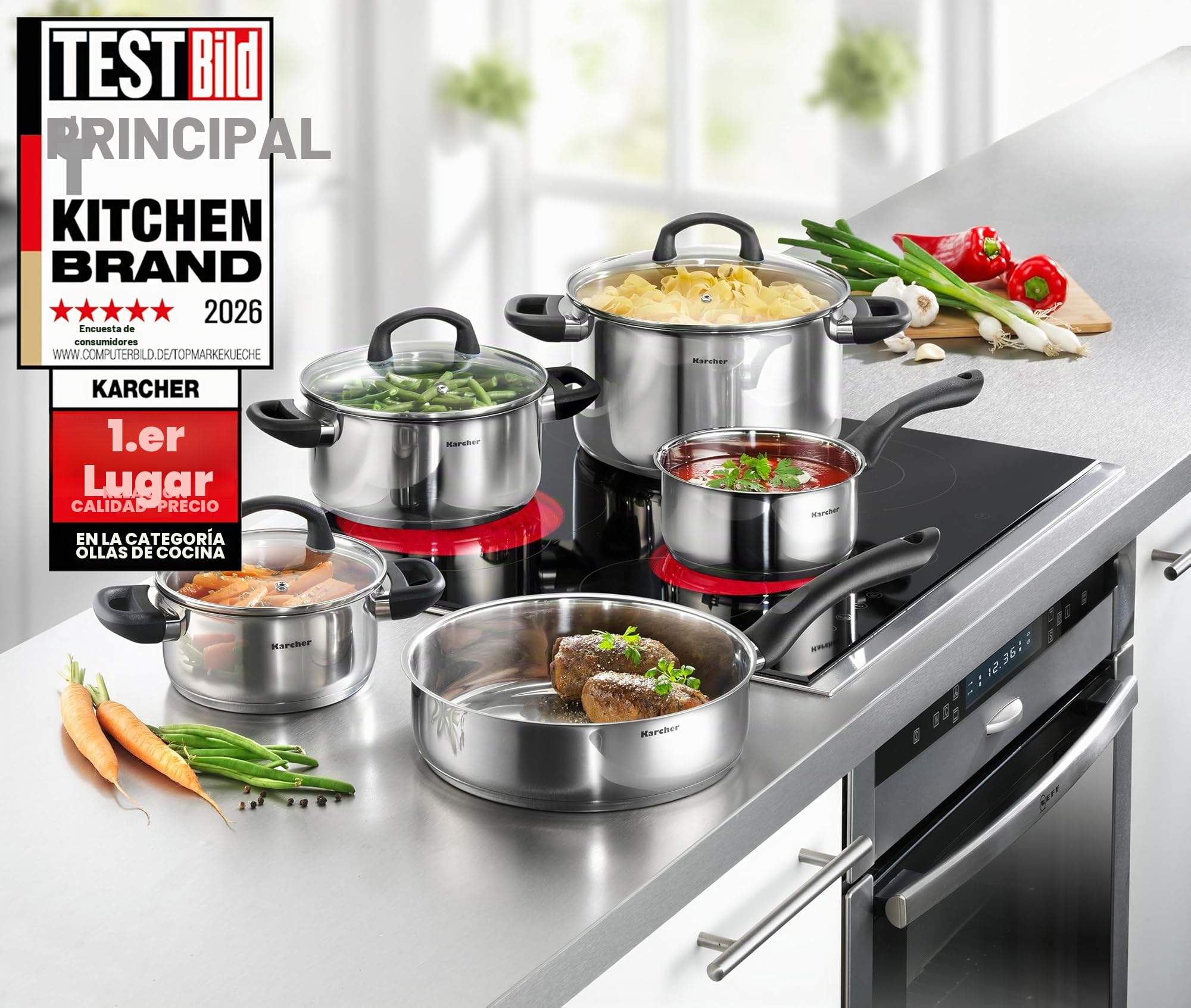 Karcher 125457 Batería de cocina Mia, incl. tapa de cristal, apta para inducción, 5 piezas, acero inoxidable