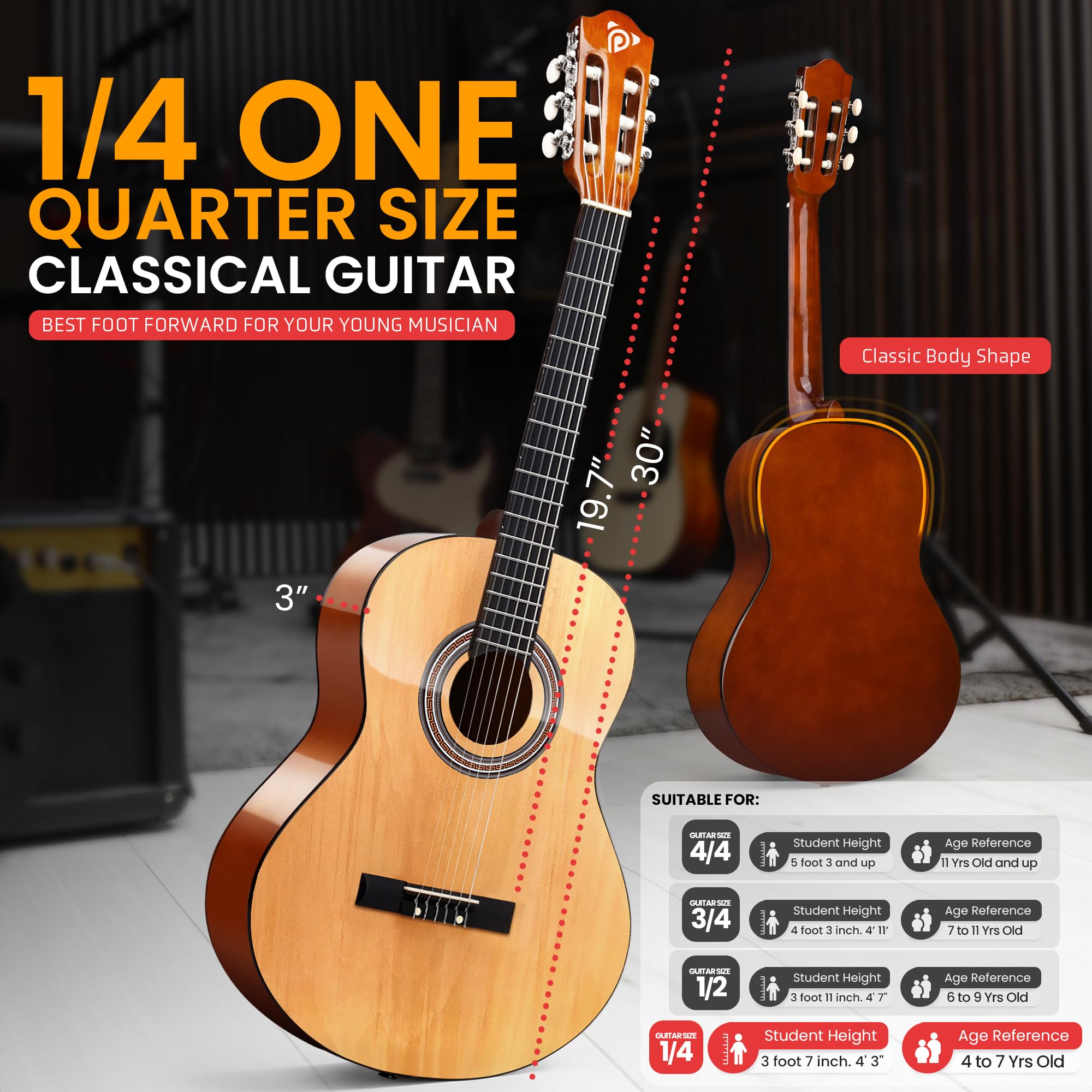 Pyle Akustikgitarre für Linkshänder, Anfänger, 1/4 Junior-Größe, aus Holz, Nylon-Saiteninstrument mit Kapodaster, Gurt, extra Saiten-Set, Gigbag, Gitarren für Anfänger, Erwachsene, Jugendliche, 76,2