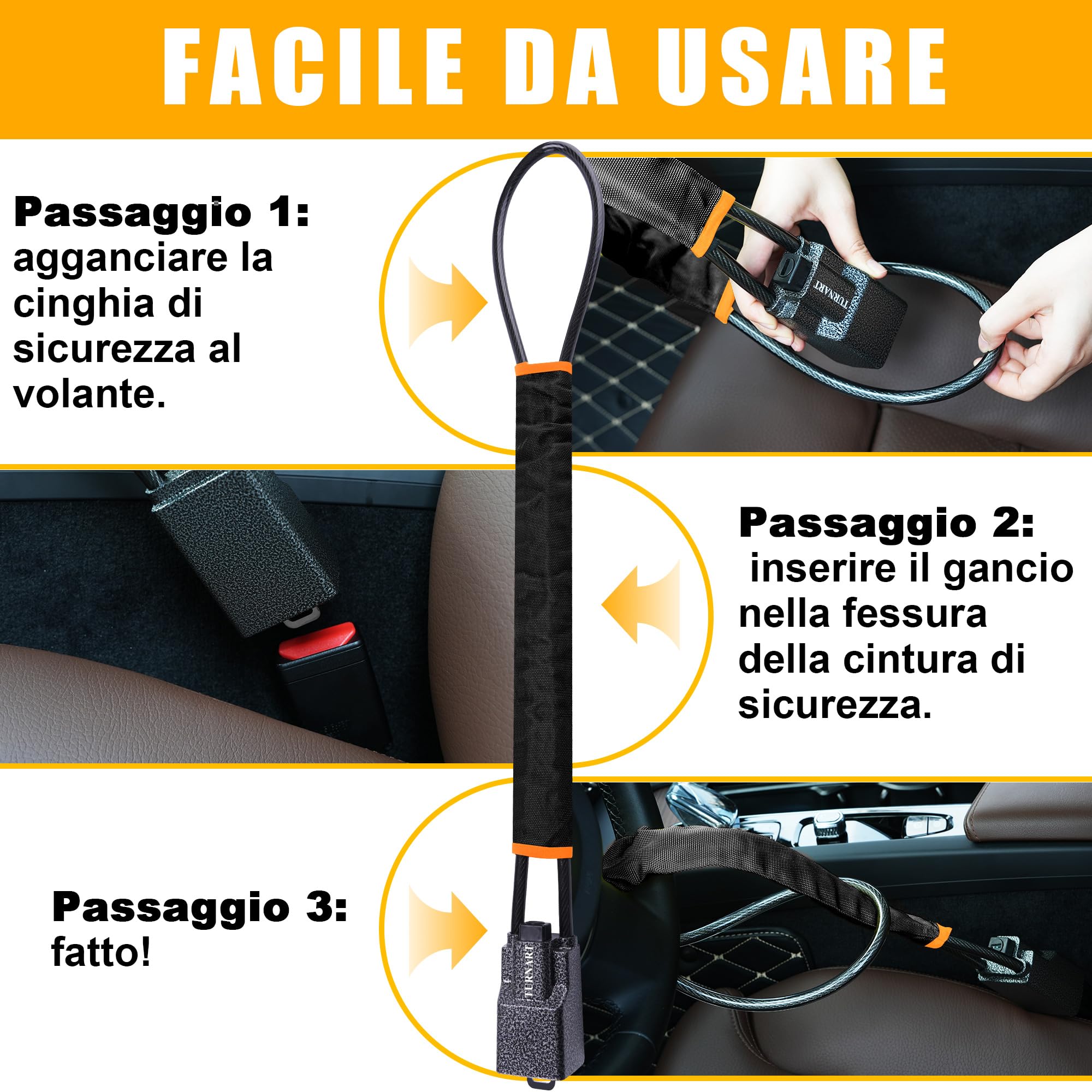 Blocco volante Turnart, compatibile con la maggior parte dei modelli. Robusto e resistente, questo dispositivo antifurto per auto è adatto a berline, camion, SUV (Nero, Set in metallo)