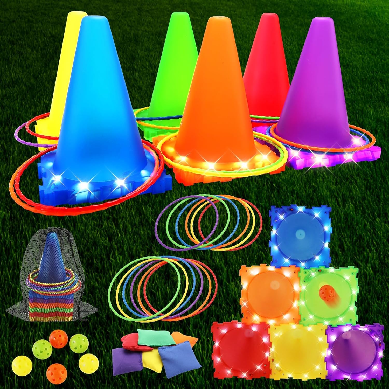 VATOS Jeux Exterieur Enfant Parcours de Motricité - 3 en 1 Jeu de Balle, Anneau et Sac de Haricots Lumineux, Jouets de Jardin, de Carnaval et de fête pour Les Enfants