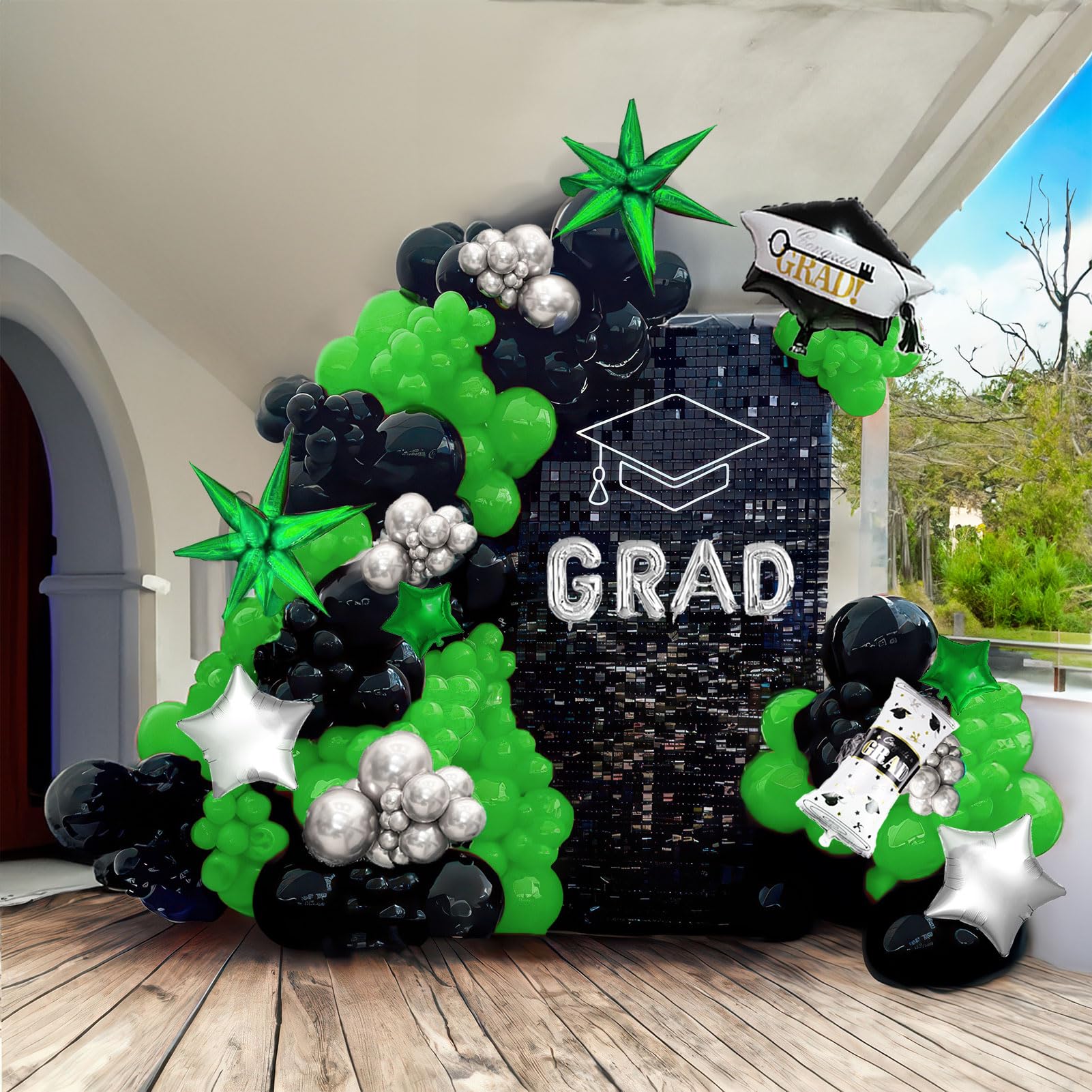 Black green and Silver Balloon Garland Arch Kit 130+ Pieces with green and Silver Stars, Graduation Certificate Graduation Cap GRAD Letters Mylar