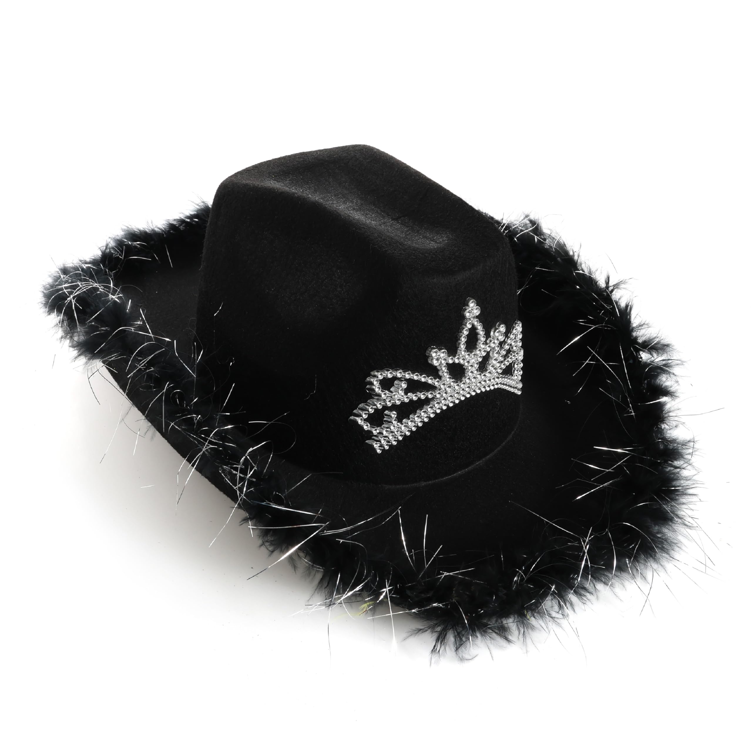 Black Tiara Cowgirl Hats - Pack of 6 - Black Cowgirl Hat with Marabou Trim and Tiara Decoration - Adults Festival Music Fancy Dress Accessory