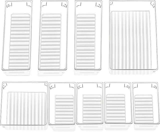 InnoGear Makeup Drawer Organiser 9 Packs Desk Drawer Organisers Trays with 4-Size Clear Plastic Storage Boxes Divider for Kitchen Bathroom Office Stationery