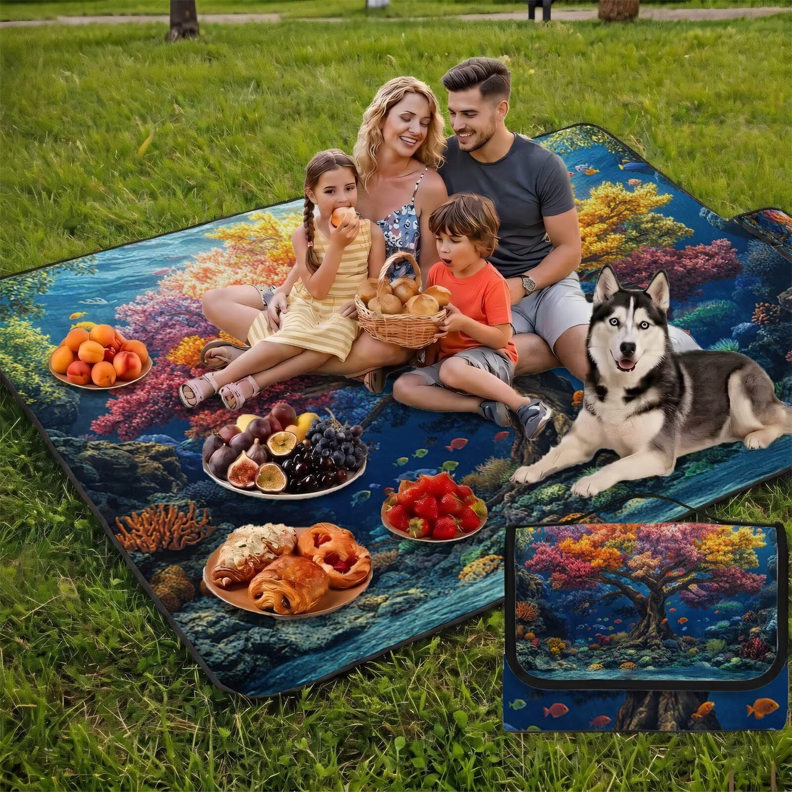 Coperta de Picnic 150x200 cm, L'albero della vita Manta Picnic Impermeable Anti-Sabbia Manta de Playa Pieghevole, Outdoor Picnic Blanket per Spiaggia, Camping, Giardino, Trekking - Pesce (2) UZ-900